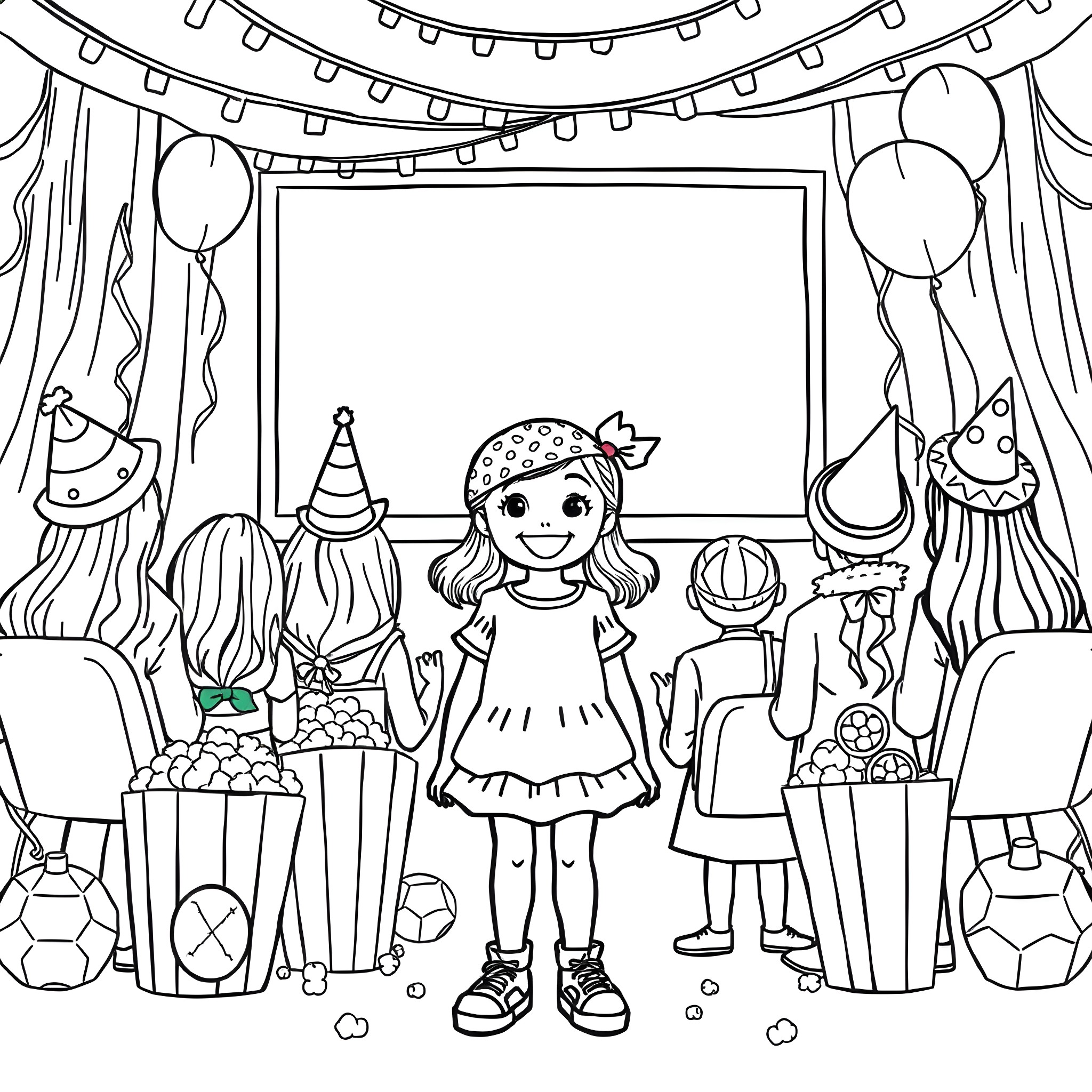 Girl celebrating her birthday party with friends Coloring Page (free black-and-white line drawing printable PDF for all, from beginners to advanced learners, including children, teens, adults, and seniors)