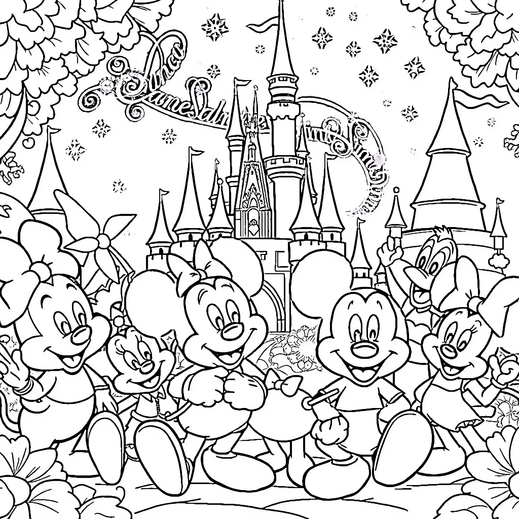 Disney Characters Celebrating in Magical Castle Scene Coloring Page (free black-and-white line drawing printable PDF for all, from beginners to advanced learners, including children, teens, adults, and seniors)
