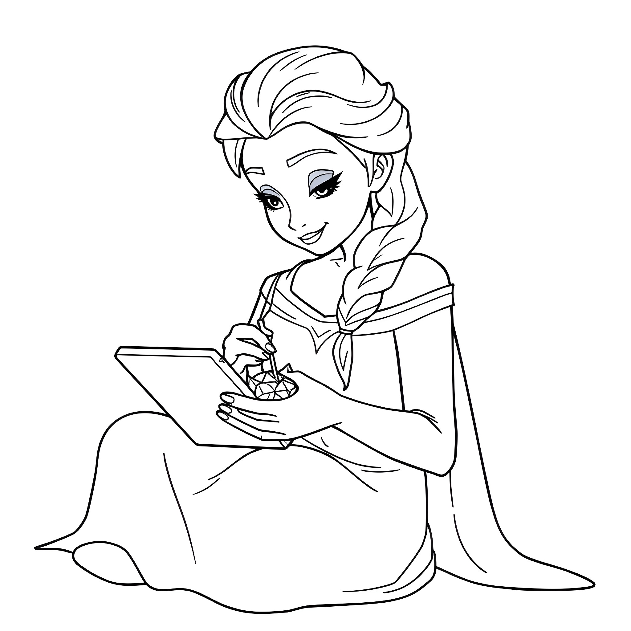 Princess reading a book with a warm smile Coloring Page (free black-and-white line drawing printable PDF for all, from beginners to advanced learners, including children, teens, adults, and seniors)