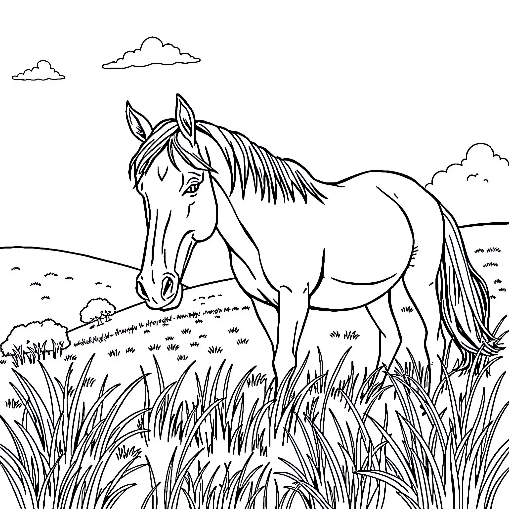 Horse standing in grassy field Coloring Page (free black-and-white line drawing printable PDF for all, from beginners to advanced learners, including children, teens, adults, and seniors)