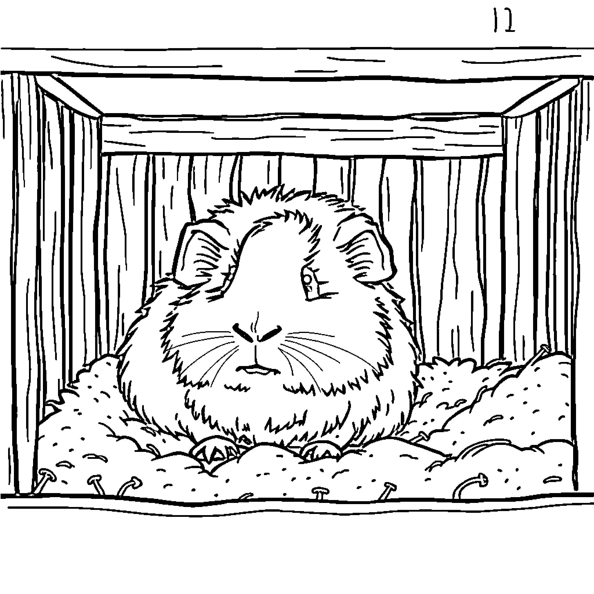 Guinea Pig resting in a cozy natural habitat Coloring Page (free black-and-white line drawing printable PDF for all, from beginners to advanced learners, including children, teens, adults, and seniors)