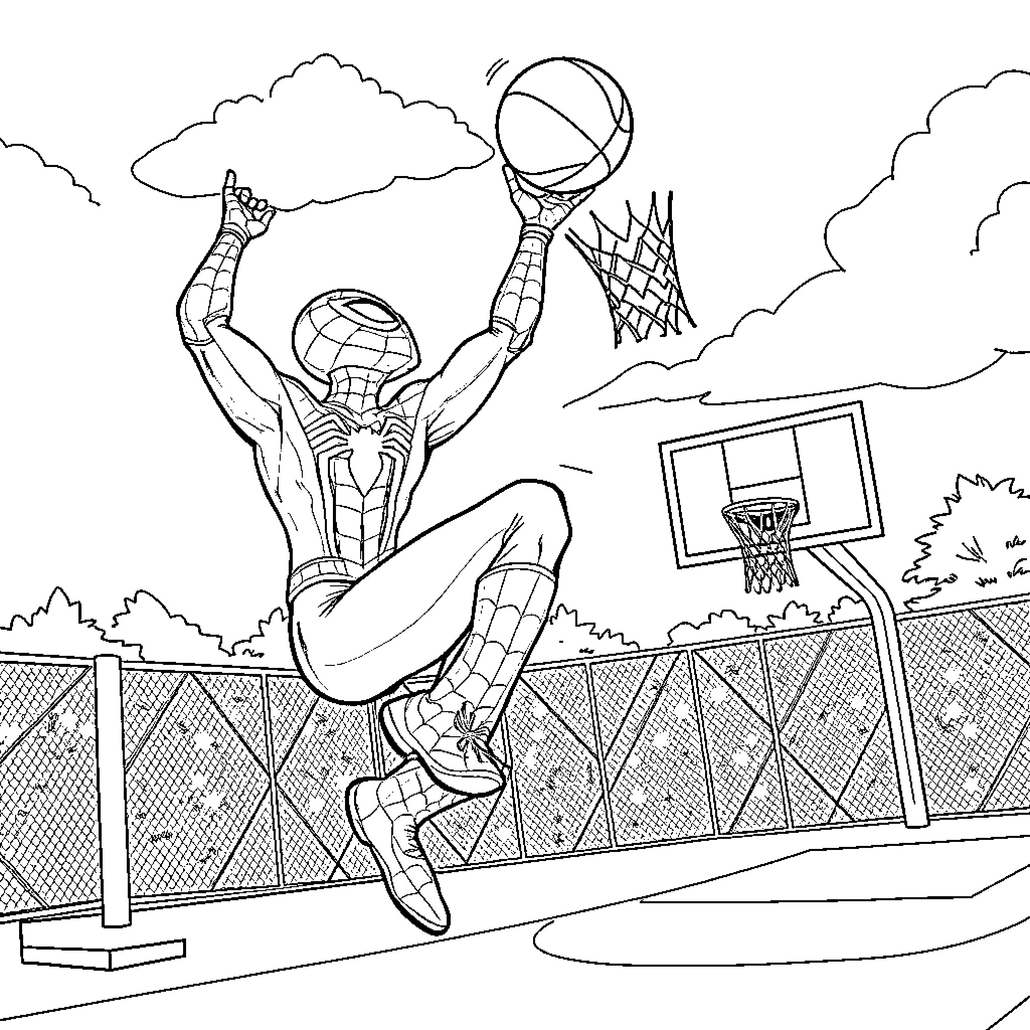 Spiderman slam dunking a basketball on an outdoor court Coloring Page (free black-and-white line drawing printable PDF for all, from beginners to advanced learners, including children, teens, adults, and seniors)