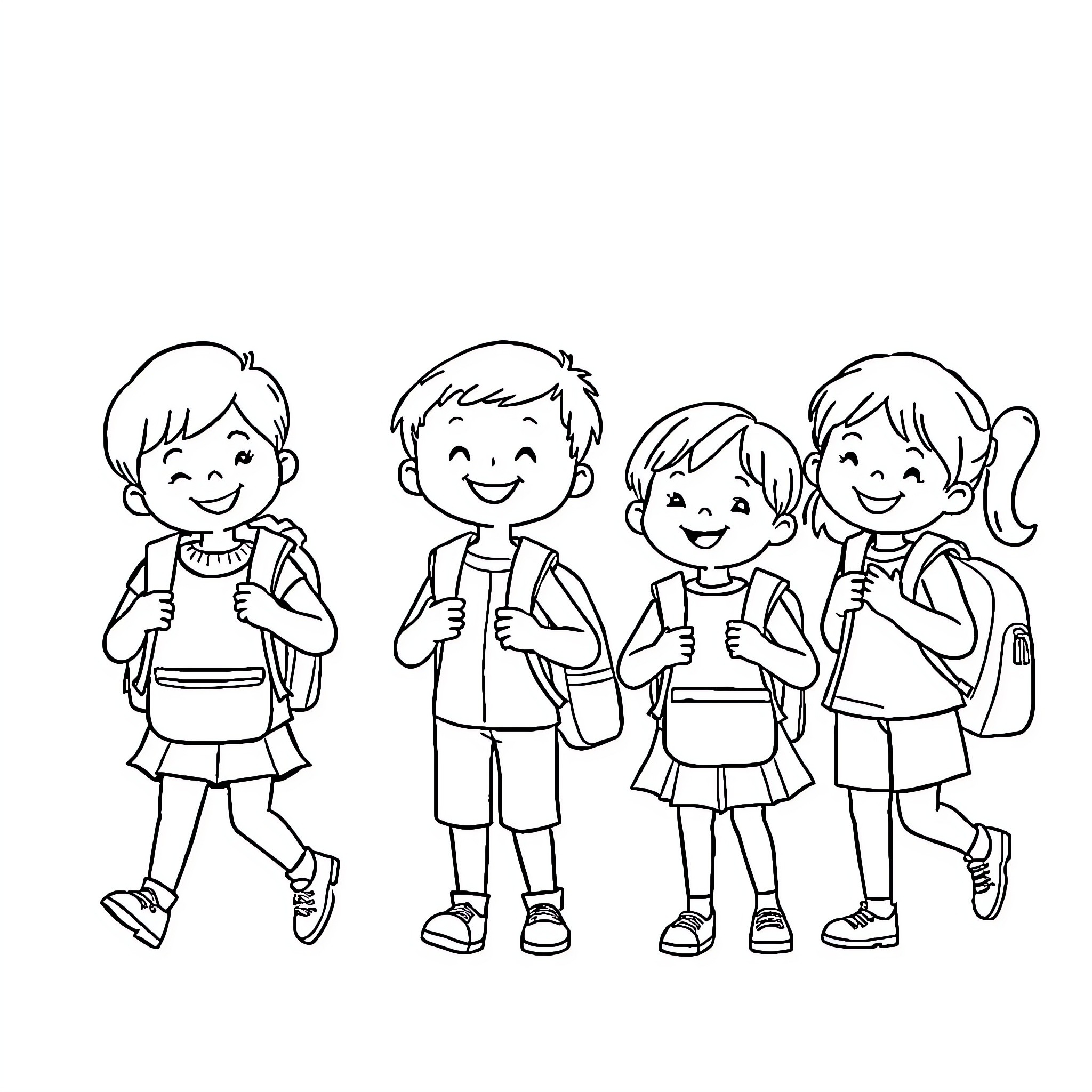 School Children Happily Walking Together Coloring Page (free black-and-white line drawing printable PDF for all, from beginners to advanced learners, including children, teens, adults, and seniors)