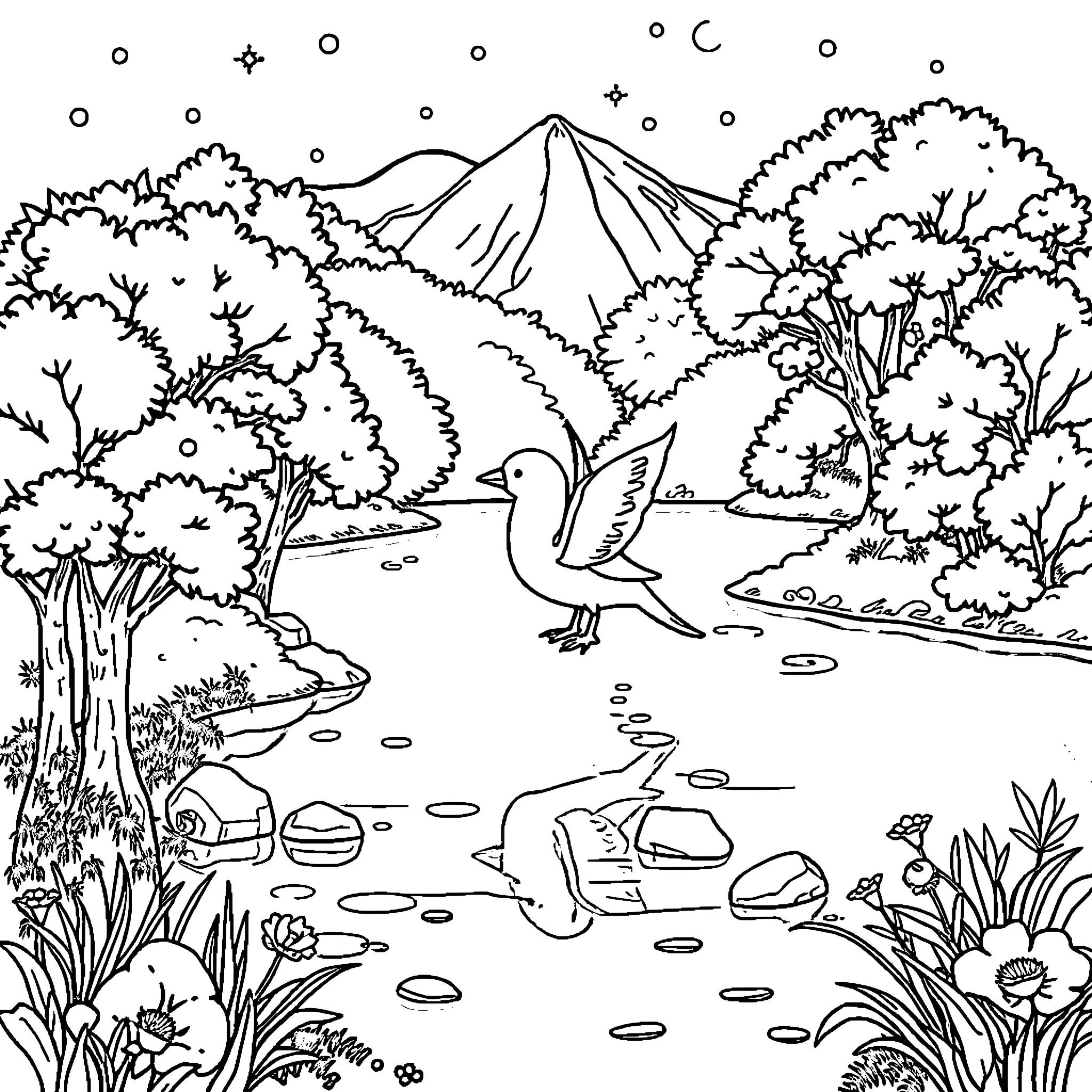 Duck swimming in tranquil forest lake Coloring Page (free black-and-white line drawing printable PDF for all, from beginners to advanced learners, including children, teens, adults, and seniors)