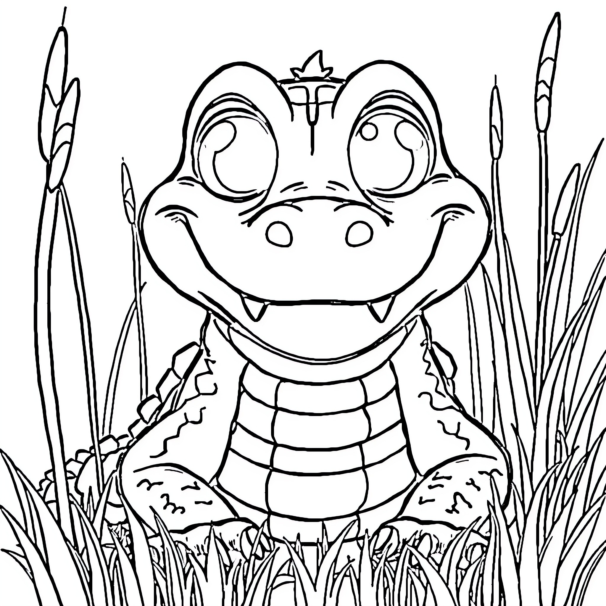 Alligator peeking through tall grass Coloring Page (free black-and-white line drawing printable PDF for all, from beginners to advanced learners, including children, teens, adults, and seniors)