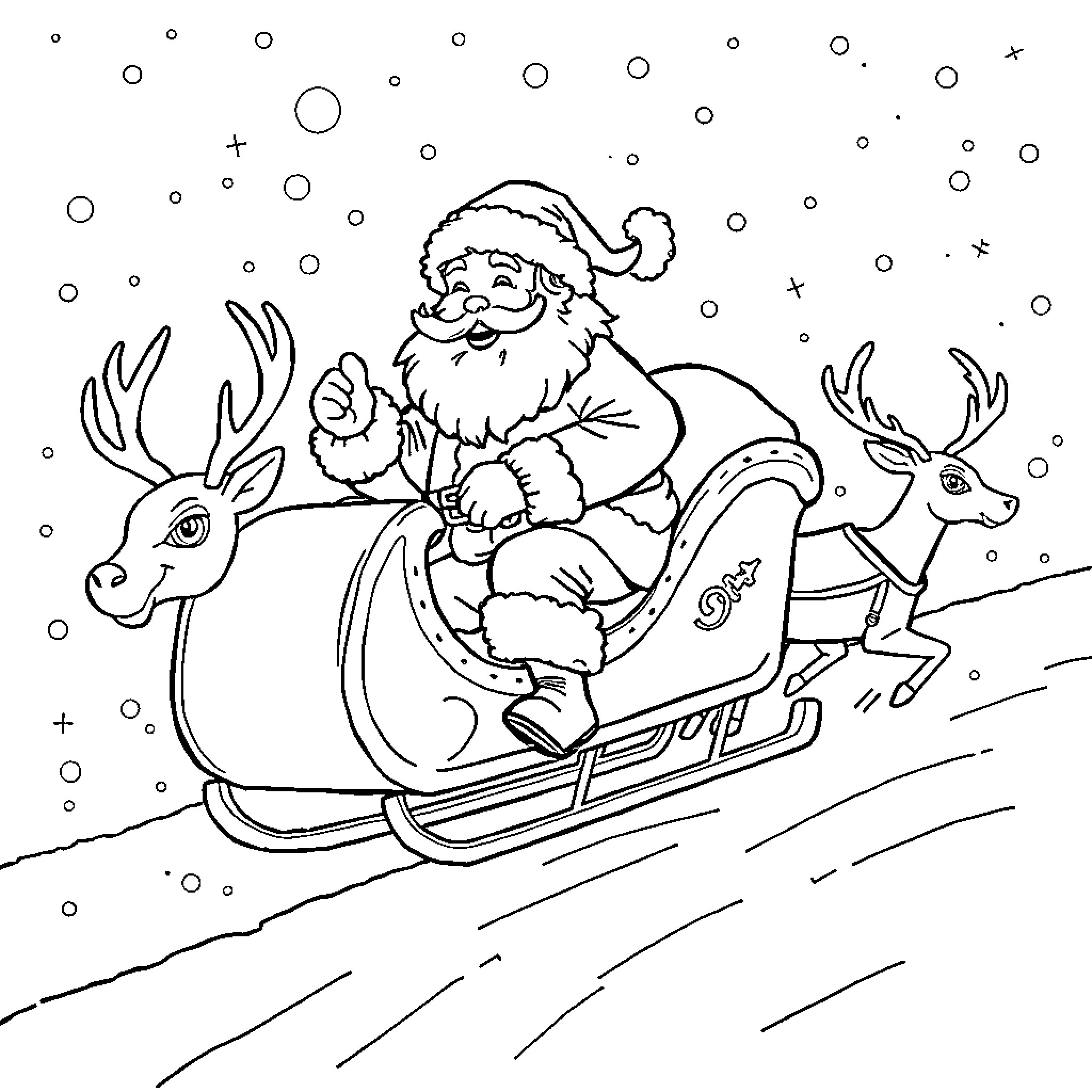 Santa Claus riding a sleigh with reindeer in snowy scene Coloring Page (free black-and-white line drawing printable PDF for all, from beginners to advanced learners, including children, teens, adults, and seniors)