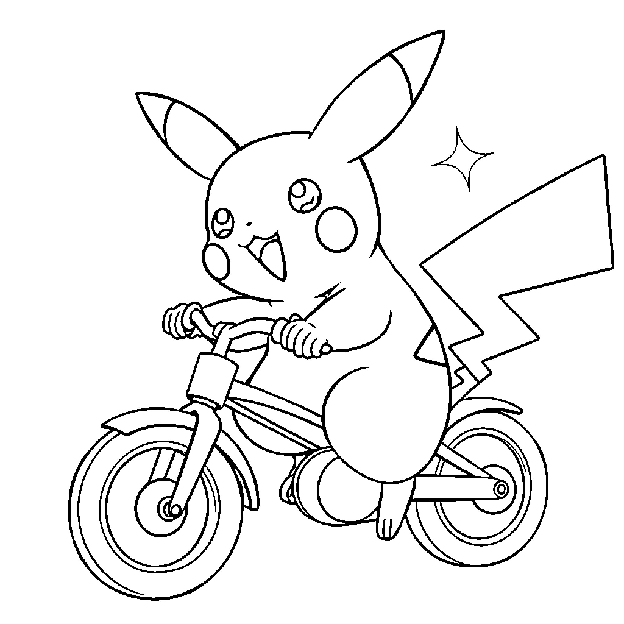Pikachu riding a bicycle with excitement Coloring Page (free black-and-white line drawing printable PDF for all, from beginners to advanced learners, including children, teens, adults, and seniors)