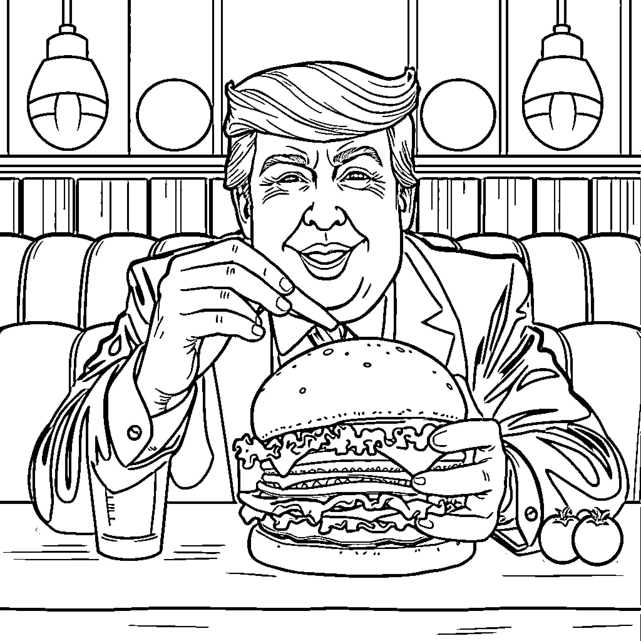 Trump Enjoying a Hearty Burger in the Oval Office Coloring Page (free black-and-white line drawing printable PDF for all, from beginners to advanced learners, including children, teens, adults, and seniors)