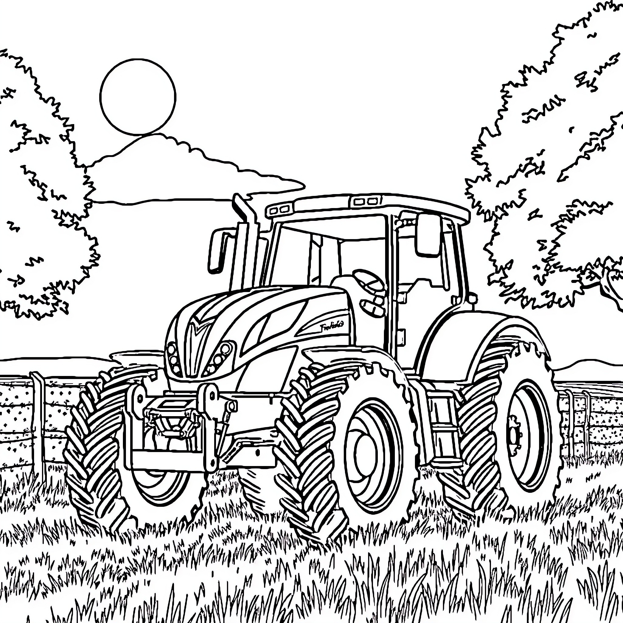 Farmer driving tractor in the countryside Coloring Page (free black-and-white line drawing printable PDF for all, from beginners to advanced learners, including children, teens, adults, and seniors)