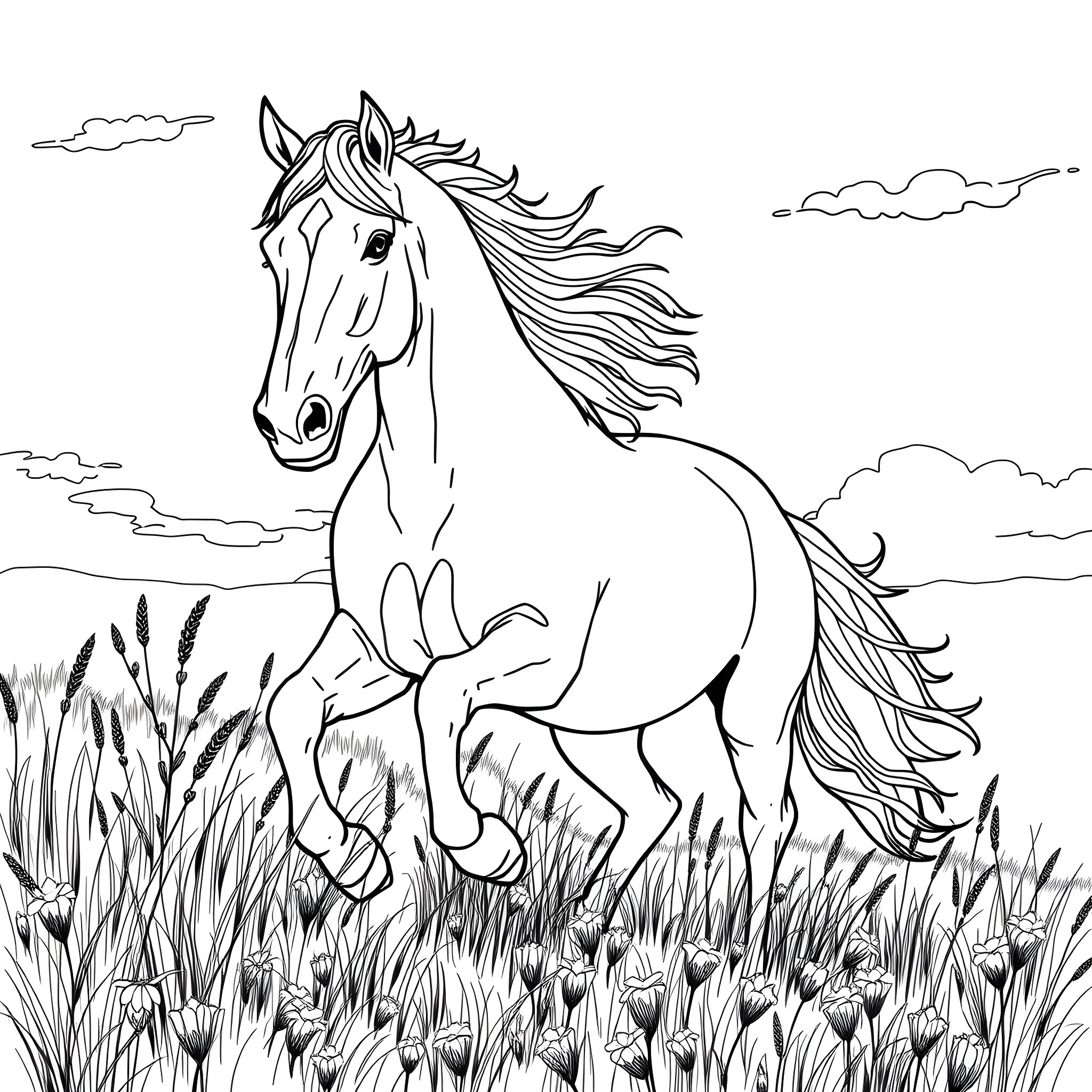 Horse galloping through a field of flowers Coloring Page (free black-and-white line drawing printable PDF for all, from beginners to advanced learners, including children, teens, adults, and seniors)