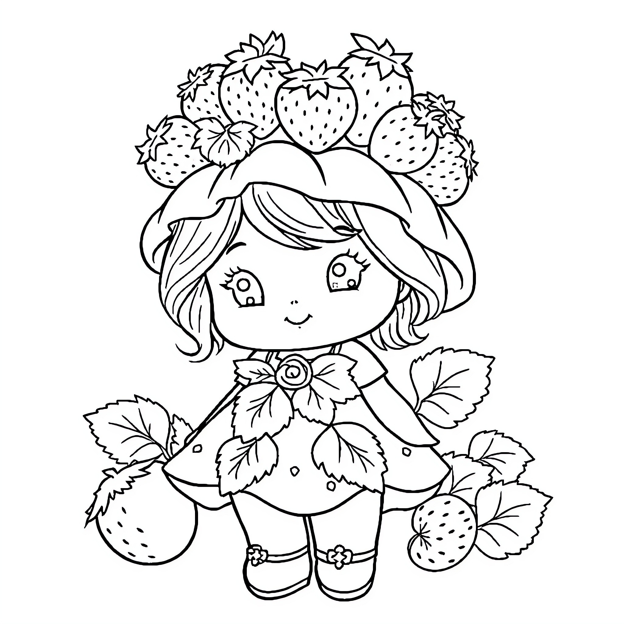 Strawberry Shortcake character with strawberry crown and outfit Coloring Page (free black-and-white line drawing printable PDF for all, from beginners to advanced learners, including children, teens, adults, and seniors)