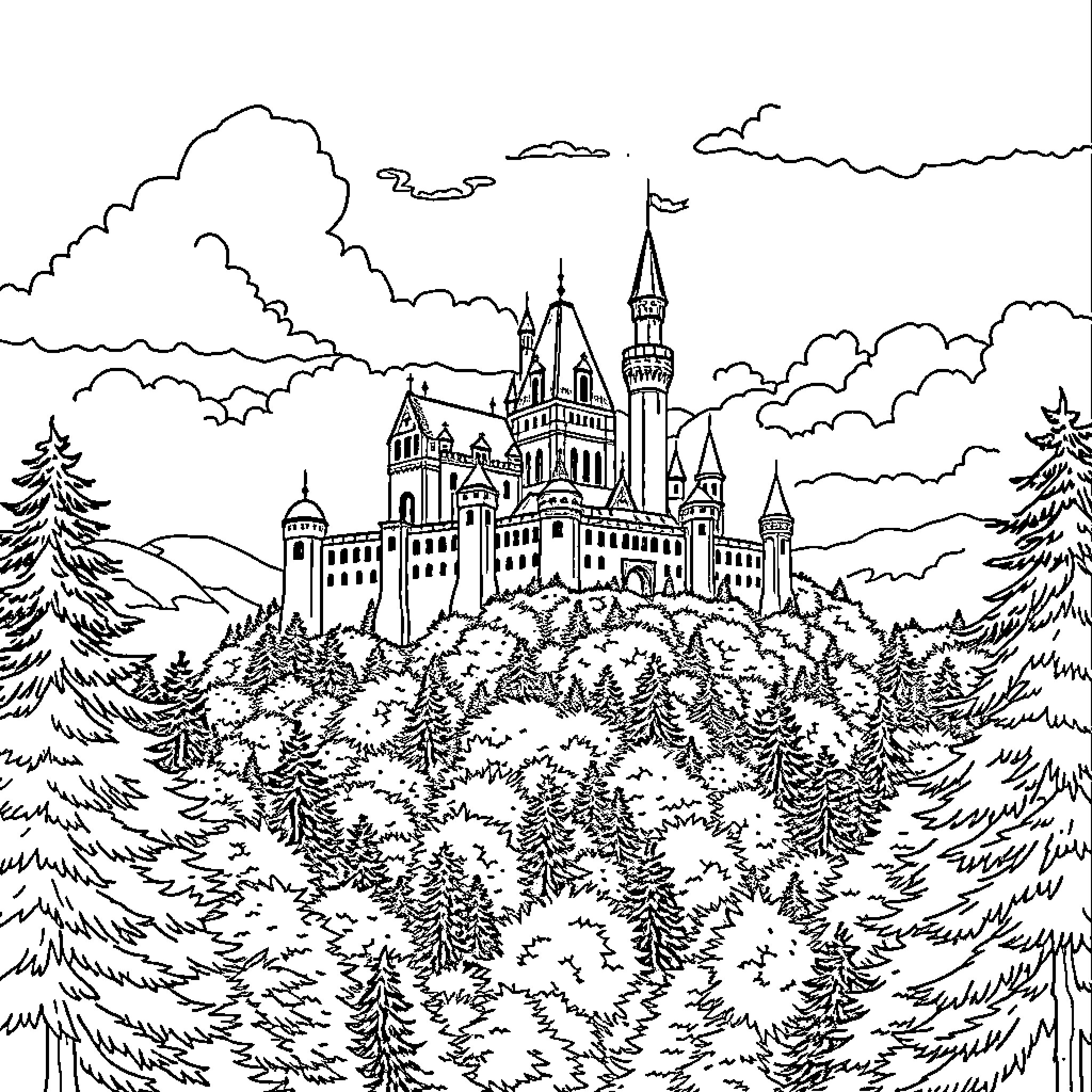 Castle in the Enchanted Forest Coloring Page (free black-and-white line drawing printable PDF for all, from beginners to advanced learners, including children, teens, adults, and seniors)