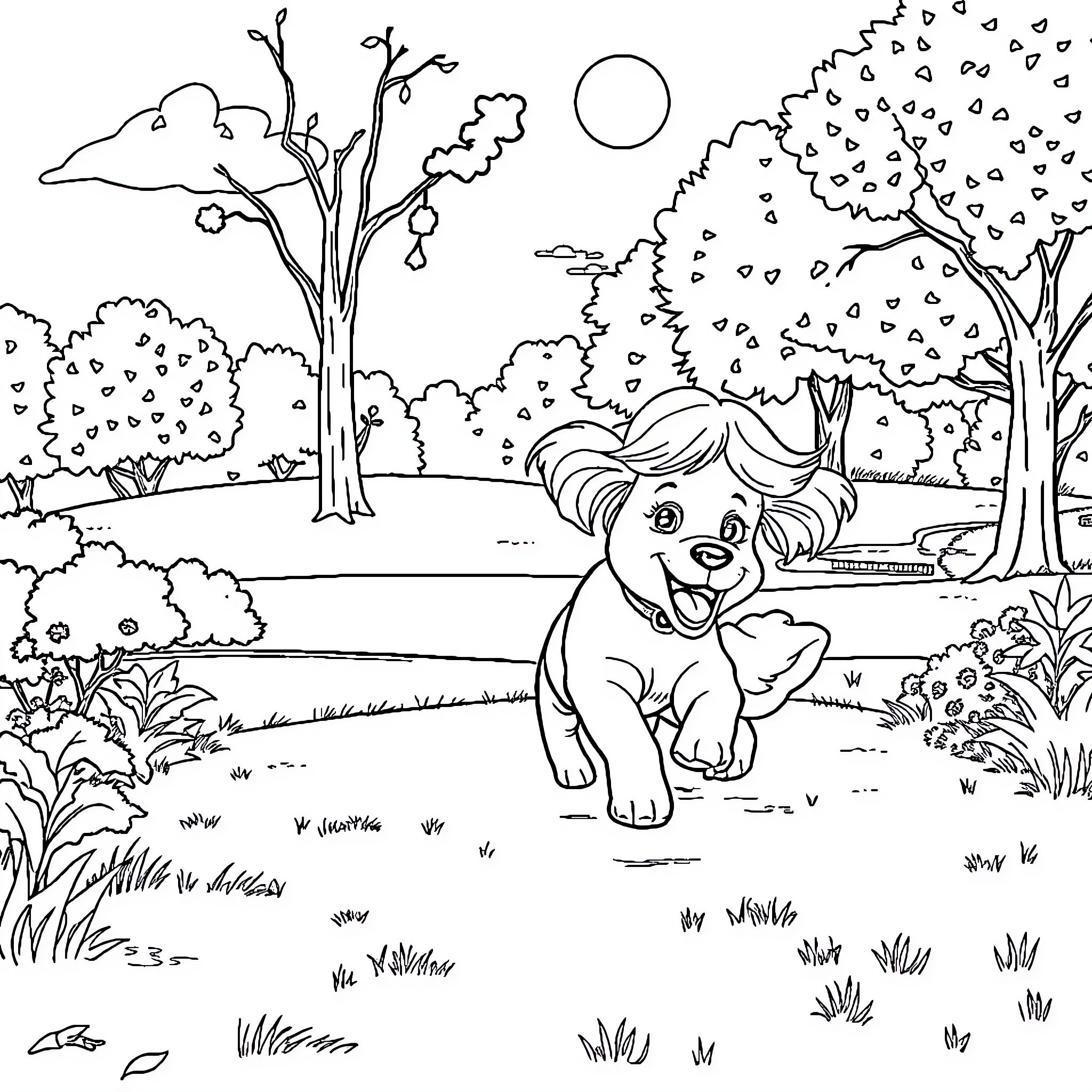 Puppy frolicking happily in the park Coloring Page (free black-and-white line drawing printable PDF for all, from beginners to advanced learners, including children, teens, adults, and seniors)