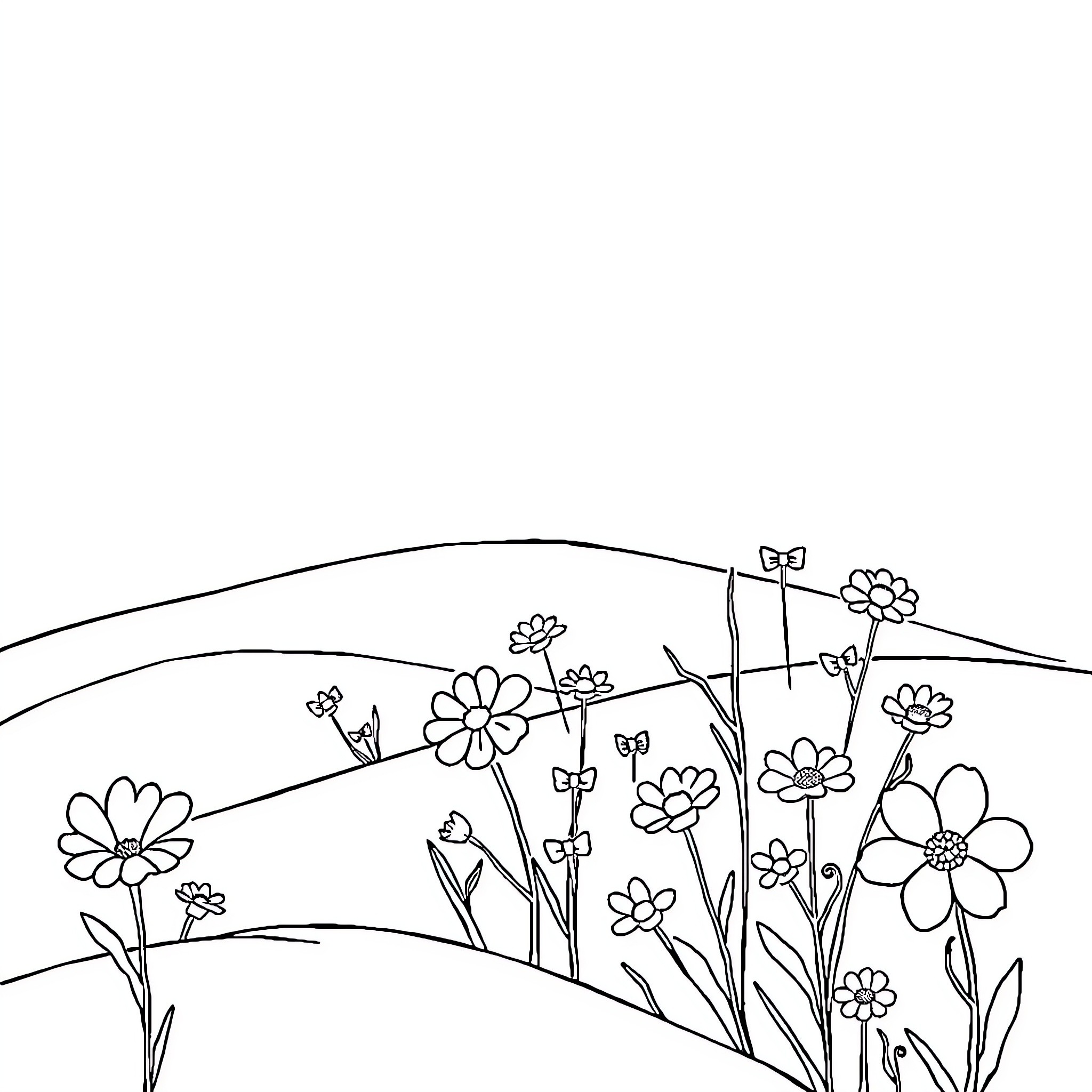 Flower garden with blooming flowers Coloring Page (free black-and-white line drawing printable PDF for all, from beginners to advanced learners, including children, teens, adults, and seniors)