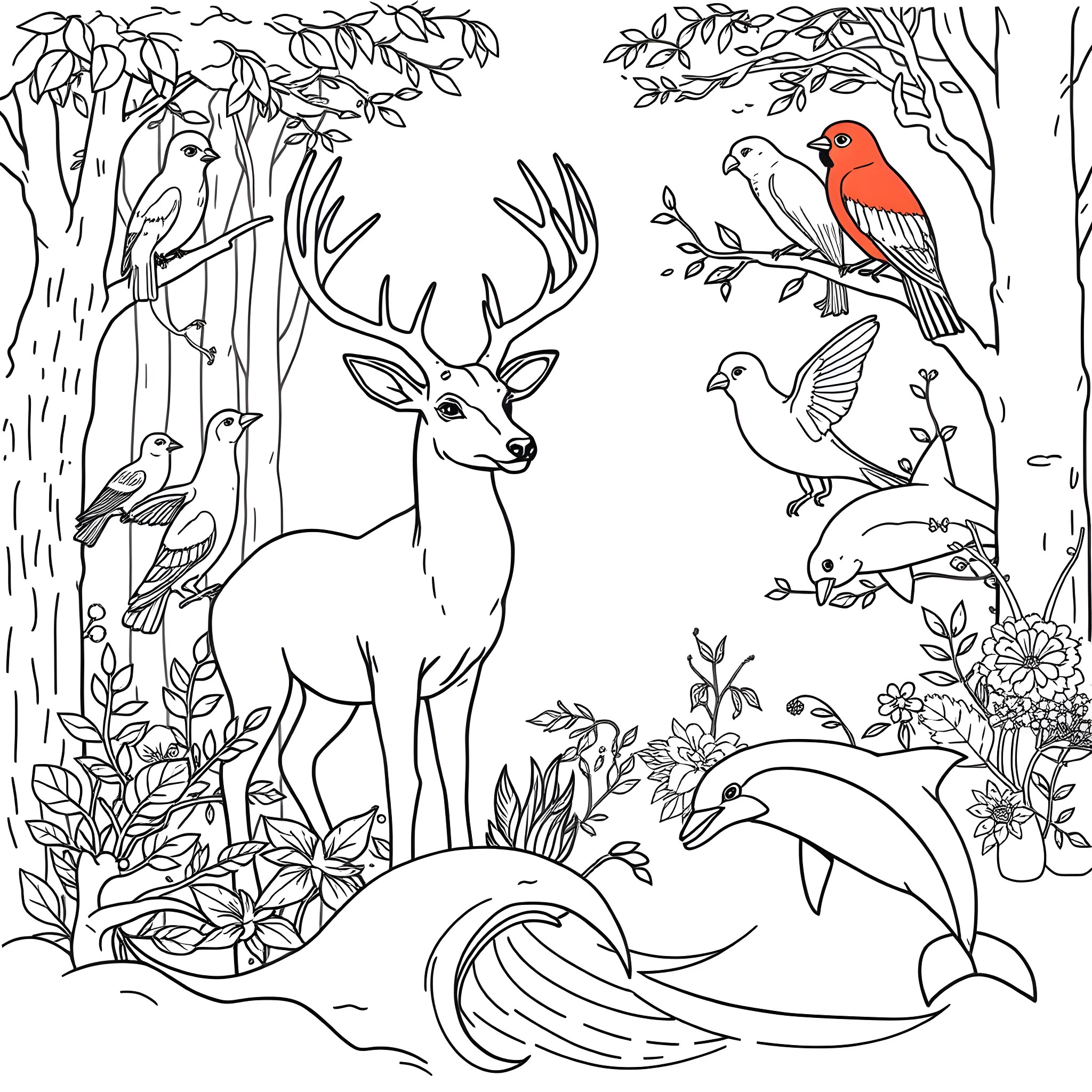 Animal Forest Scene with Diverse Wildlife Coloring Page (free black-and-white line drawing printable PDF for all, from beginners to advanced learners, including children, teens, adults, and seniors)