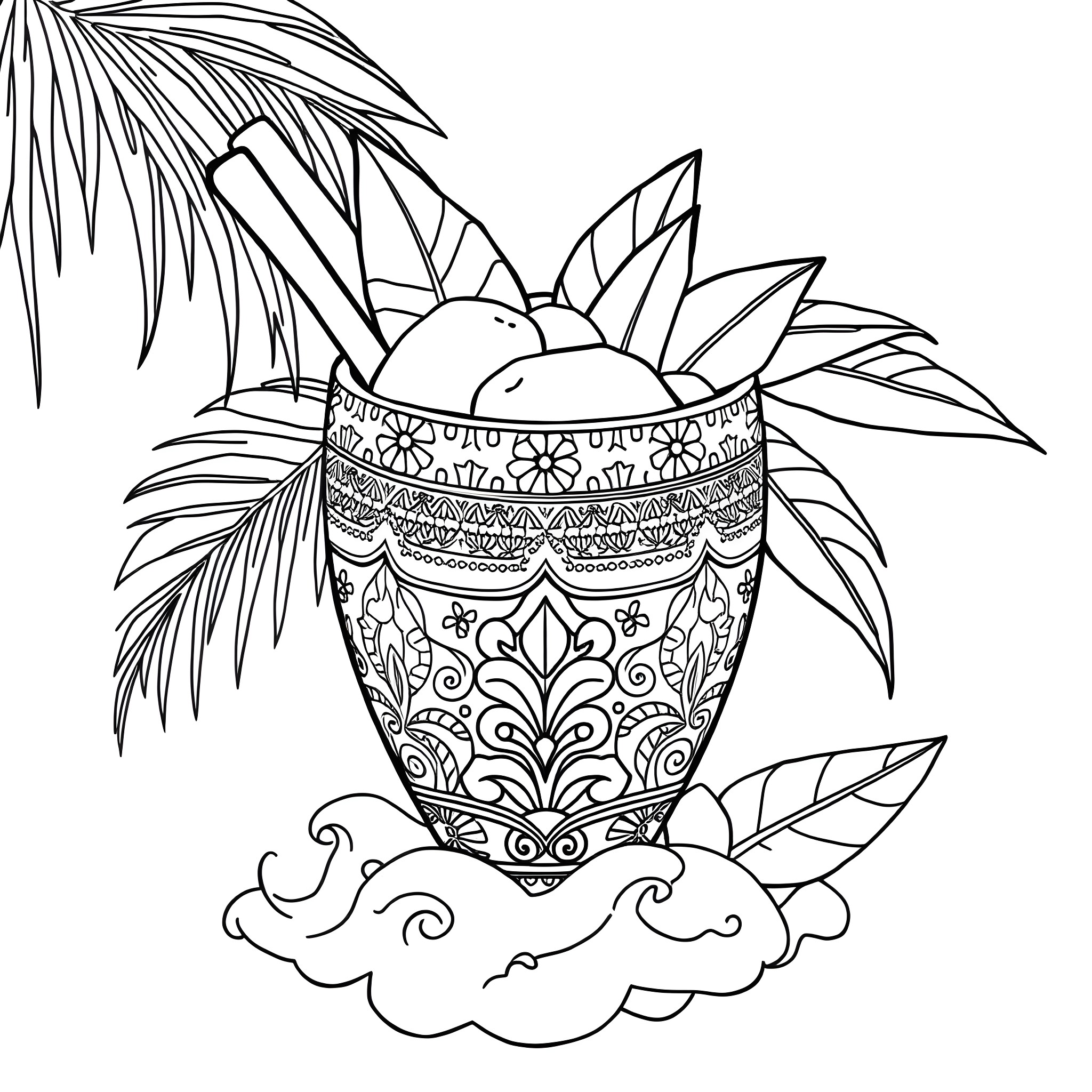 Coconut drink in an ornate cup with tropical leaves Coloring Page (free black-and-white line drawing printable PDF for all, from beginners to advanced learners, including children, teens, adults, and seniors)