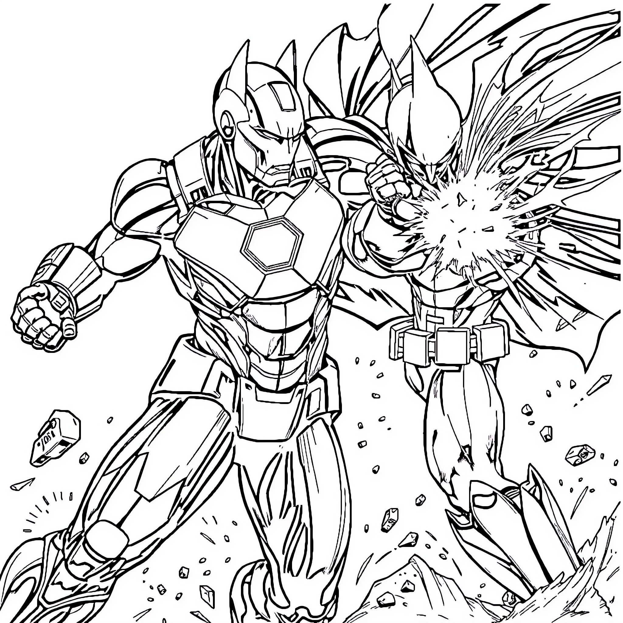 Ironman unleashing powerful energy blast in battle Coloring Page (free black-and-white line drawing printable PDF for all, from beginners to advanced learners, including children, teens, adults, and seniors)