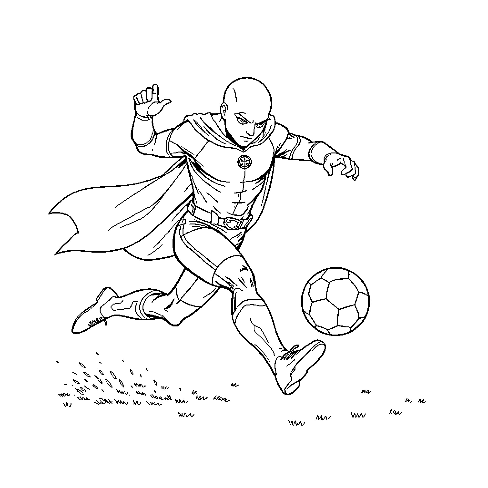 Punch Man playing soccer with determination Coloring Page (free black-and-white line drawing printable PDF for all, from beginners to advanced learners, including children, teens, adults, and seniors)