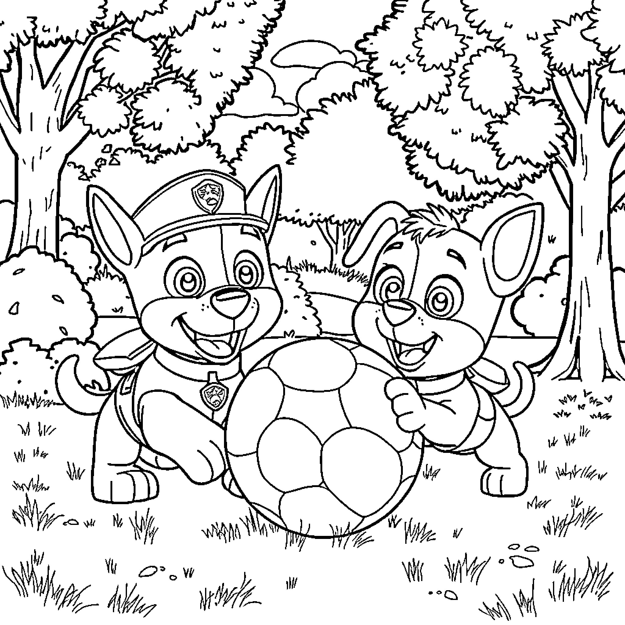 Chase and friend playing with a soccer ball Coloring Page (free black-and-white line drawing printable PDF for all, from beginners to advanced learners, including children, teens, adults, and seniors)