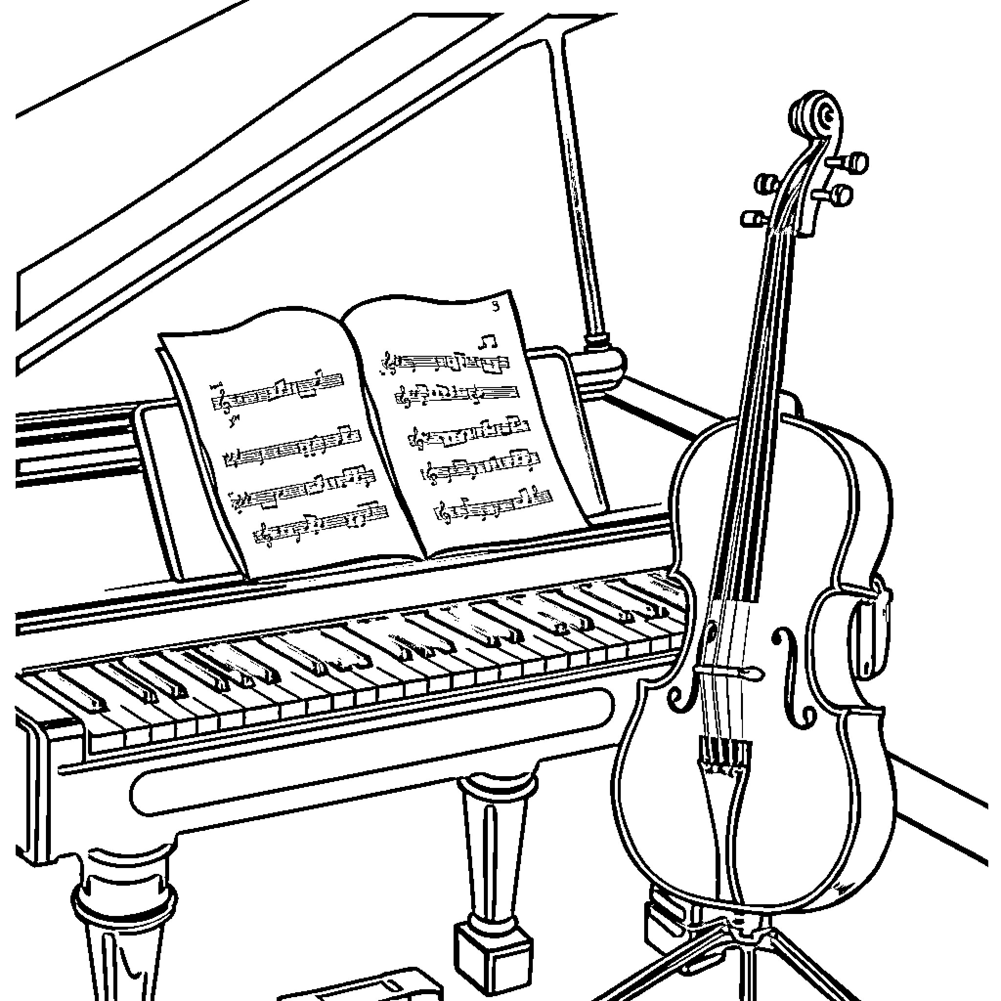 Music instruments and sheet music on stage Coloring Page (free black-and-white line drawing printable PDF for all, from beginners to advanced learners, including children, teens, adults, and seniors)