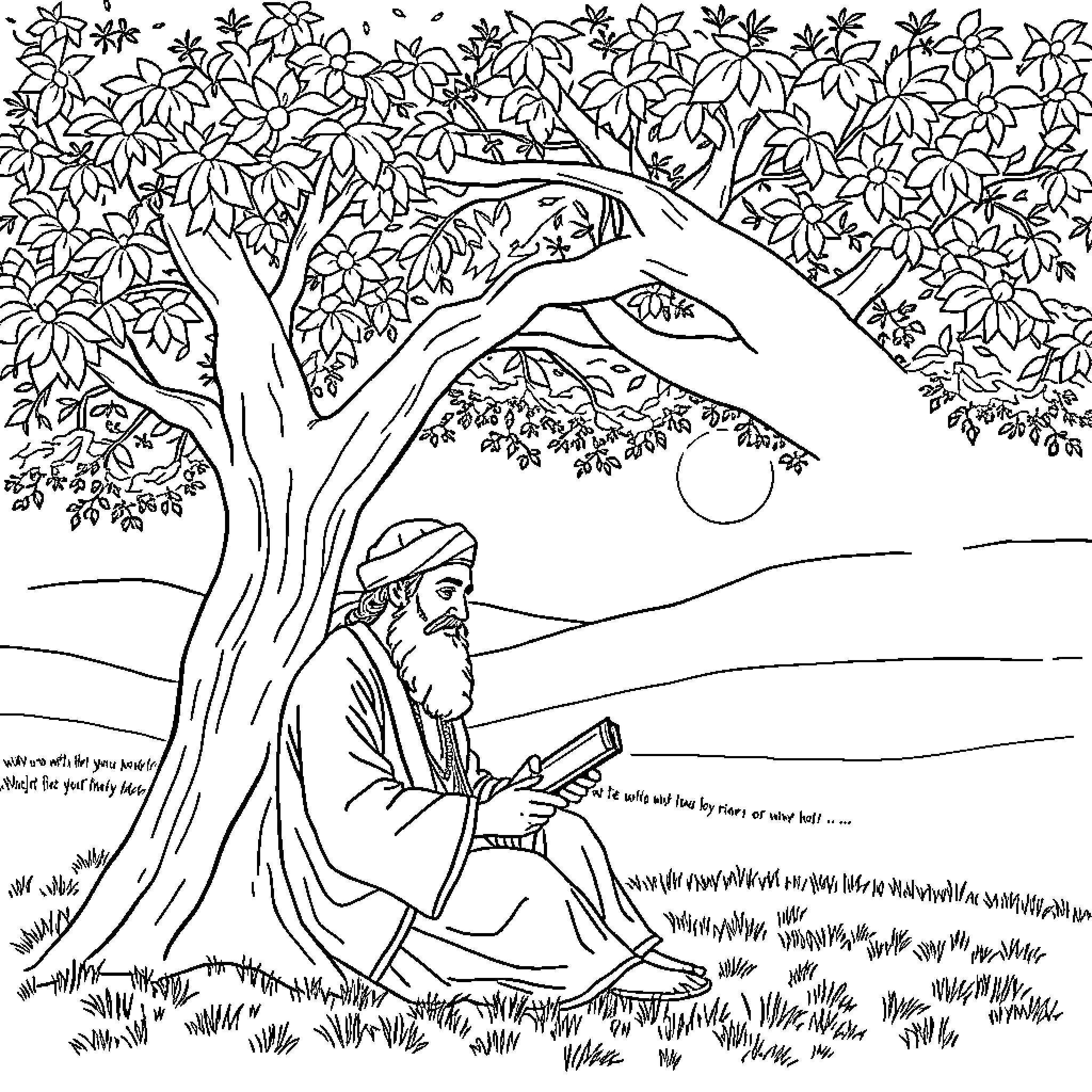 Rumi contemplating in a serene nature setting Coloring Page (free black-and-white line drawing printable PDF for all, from beginners to advanced learners, including children, teens, adults, and seniors)