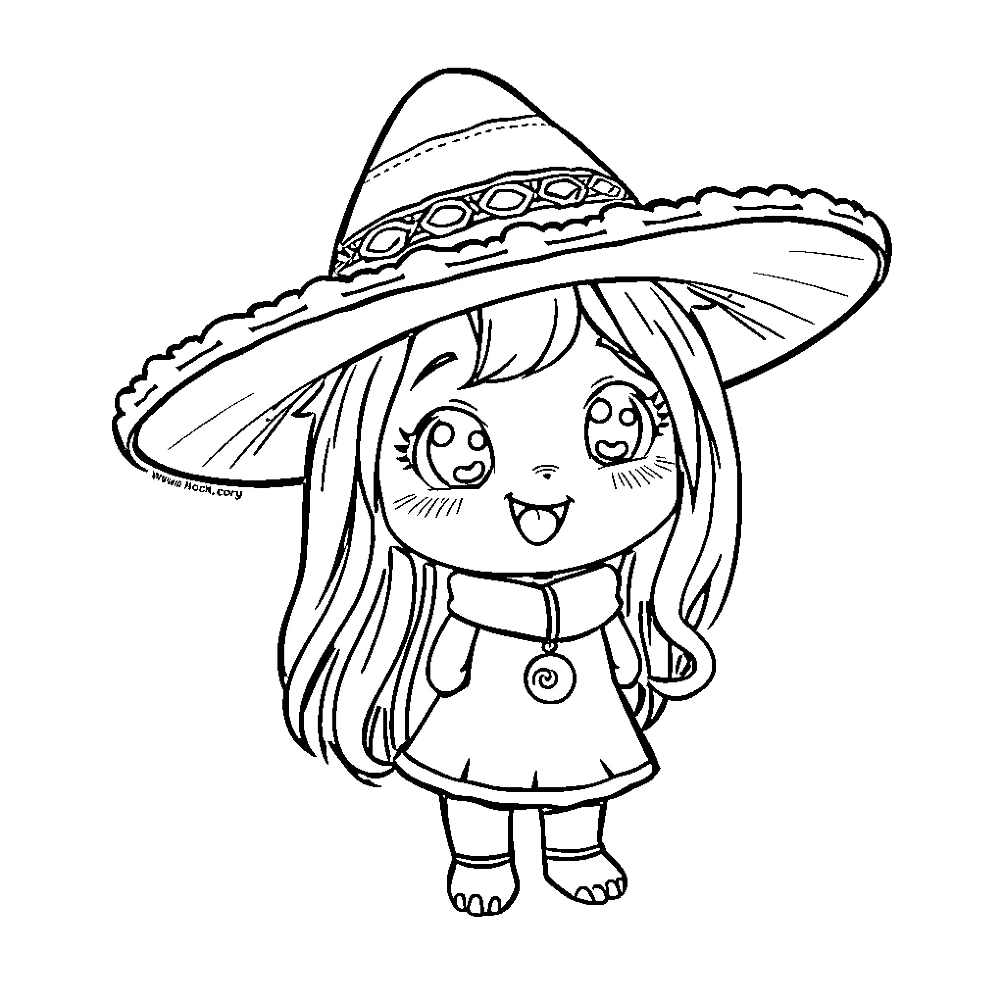 Kuromi wearing a festive sombrero and smiling cheerfully Coloring Page (free black-and-white line drawing printable PDF for all, from beginners to advanced learners, including children, teens, adults, and seniors)