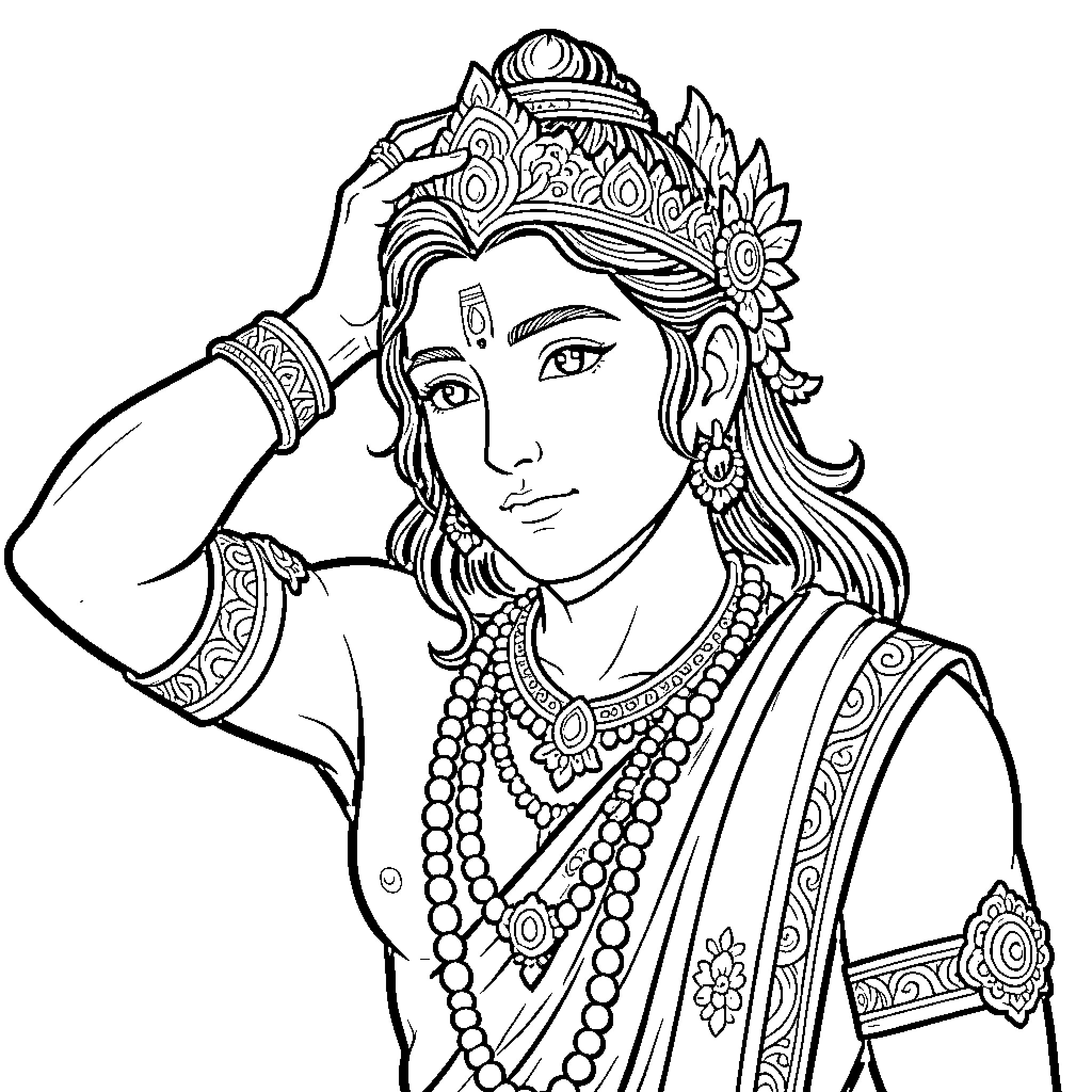 Maha in Ornate Traditional Attire Coloring Page (free black-and-white line drawing printable PDF for all, from beginners to advanced learners, including children, teens, adults, and seniors)