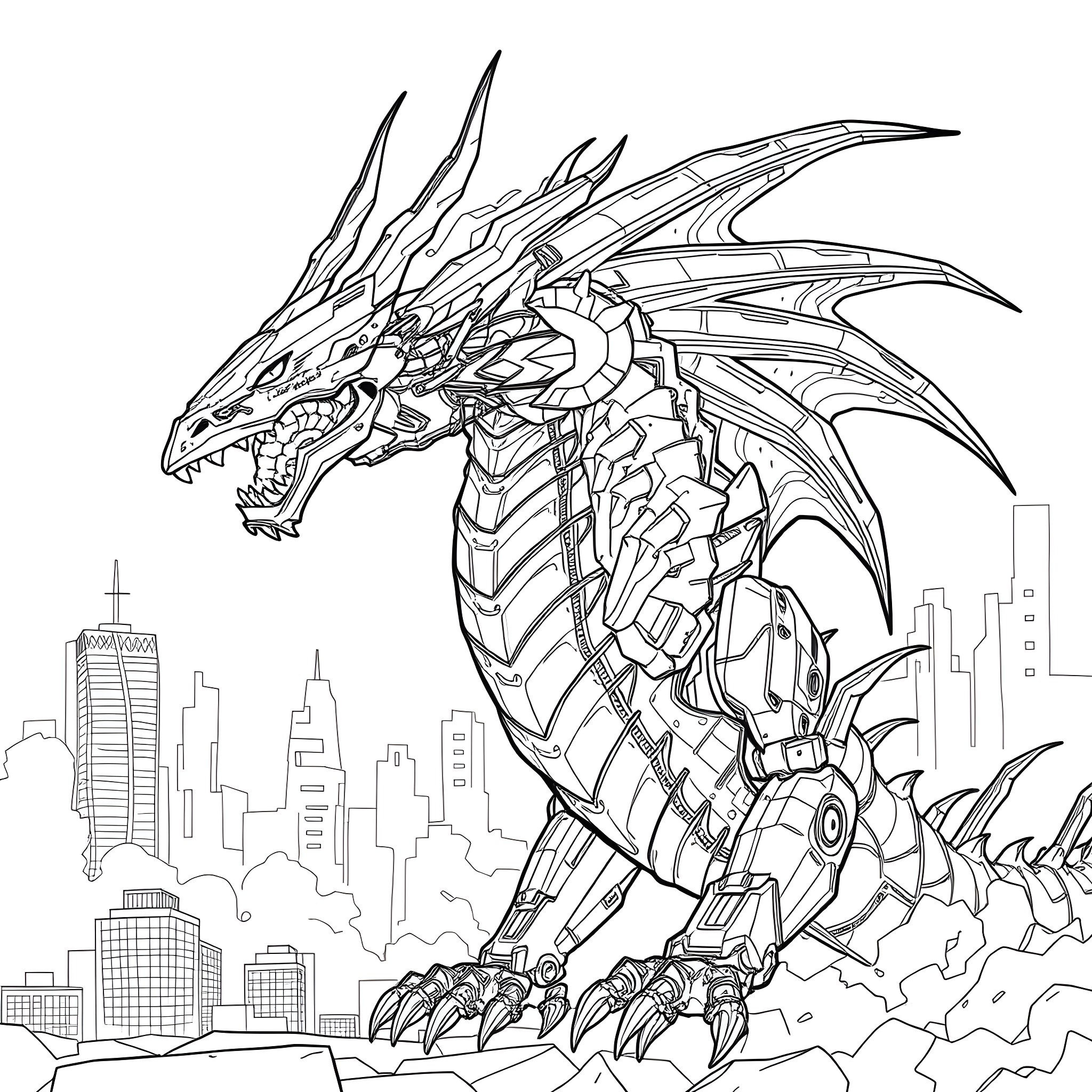 Hydra mechanical dragon over city skyline Coloring Page (free black-and-white line drawing printable PDF for all, from beginners to advanced learners, including children, teens, adults, and seniors)
