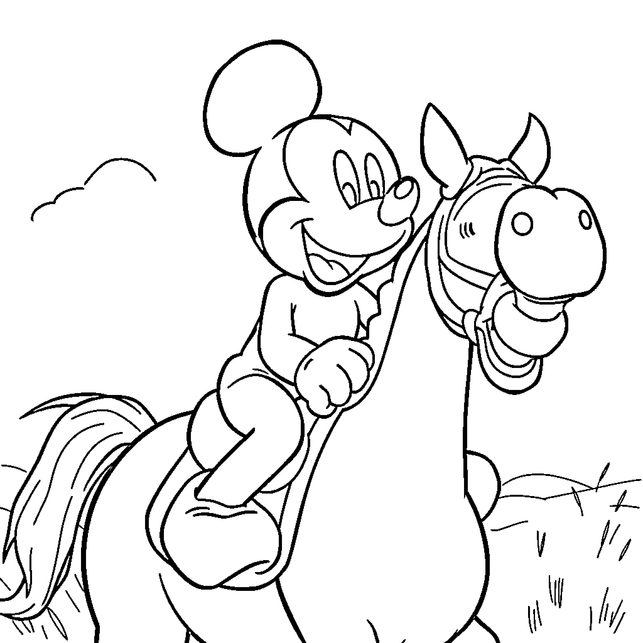 Mickey Mouse riding a happy horse Coloring Page (free black-and-white line drawing printable PDF for all, from beginners to advanced learners, including children, teens, adults, and seniors)