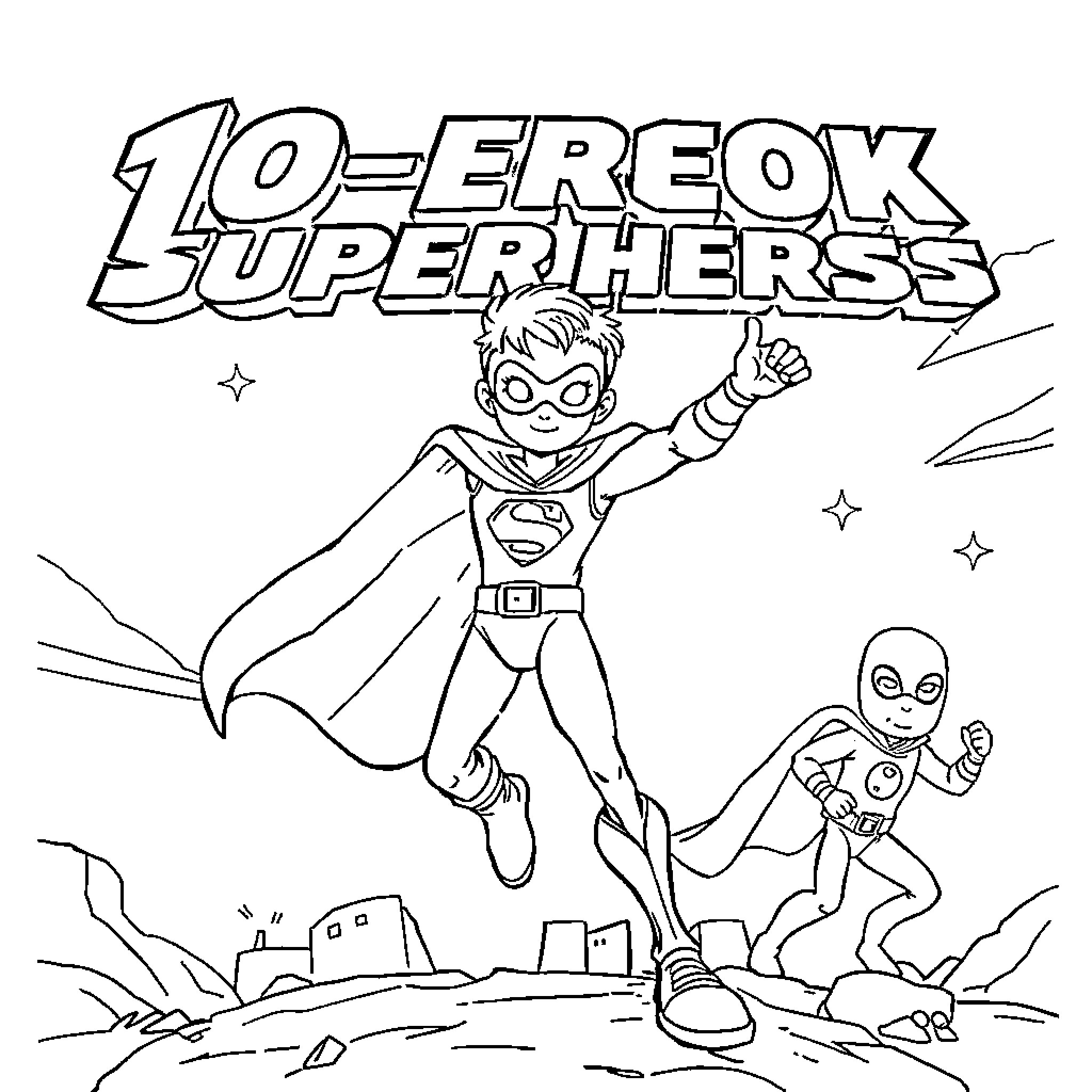 Superhero Kids in Action Adventure Scene Coloring Page (free black-and-white line drawing printable PDF for all, from beginners to advanced learners, including children, teens, adults, and seniors)