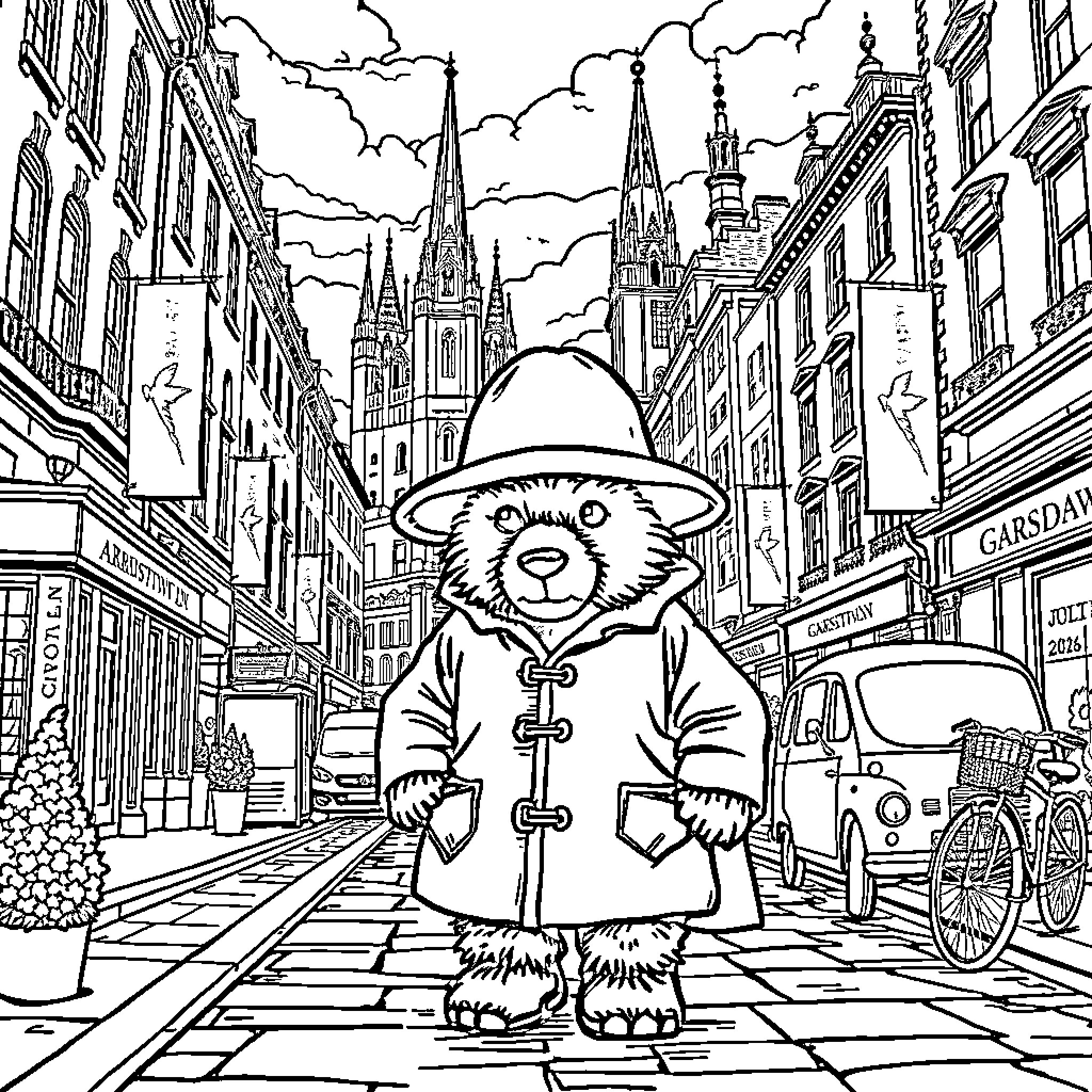 Paddington Bear Exploring the City Streets Coloring Page (free black-and-white line drawing printable PDF for all, from beginners to advanced learners, including children, teens, adults, and seniors)