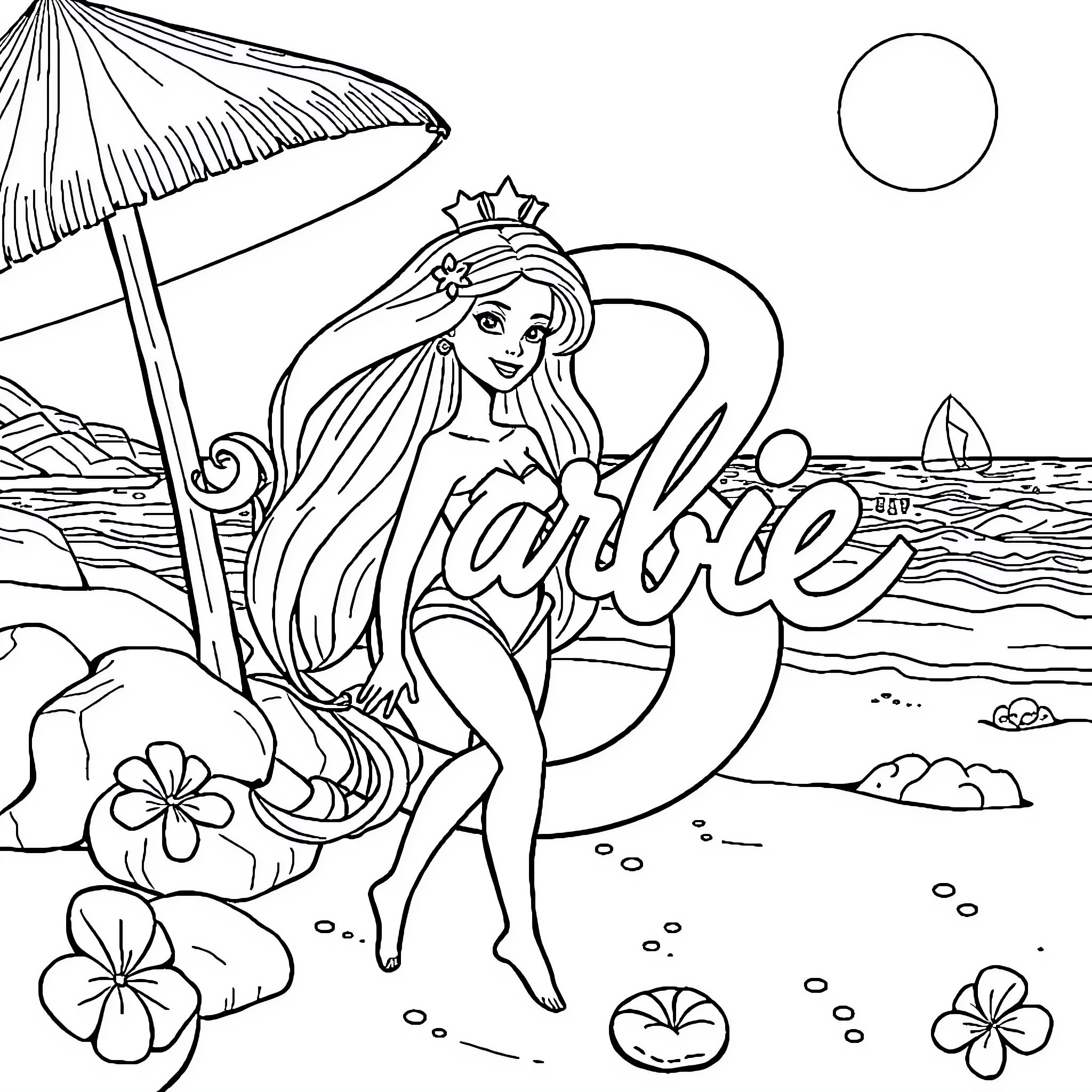 Beachside beauty relaxing under umbrella Coloring Page (free black-and-white line drawing printable PDF for all, from beginners to advanced learners, including children, teens, adults, and seniors)