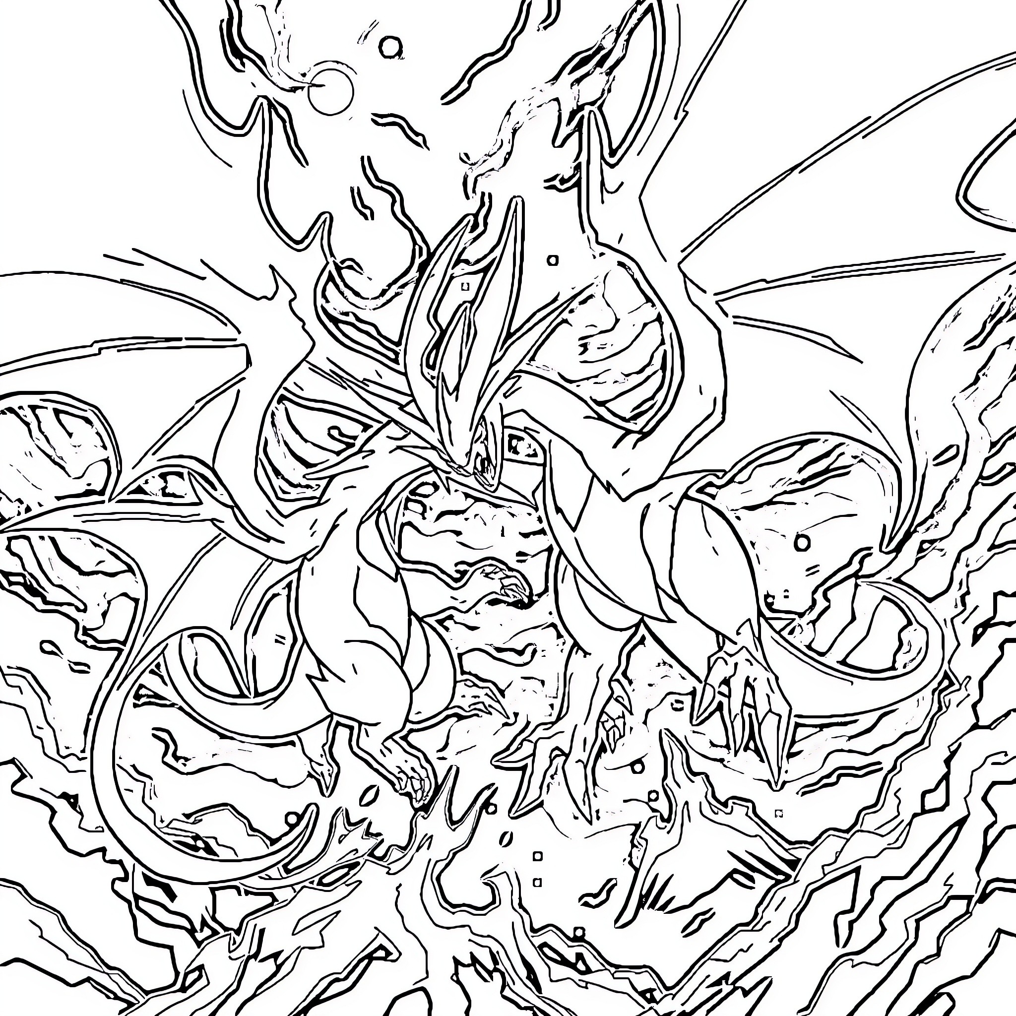 Yveltal unleashing its destructive power Coloring Page (free black-and-white line drawing printable PDF for all, from beginners to advanced learners, including children, teens, adults, and seniors)