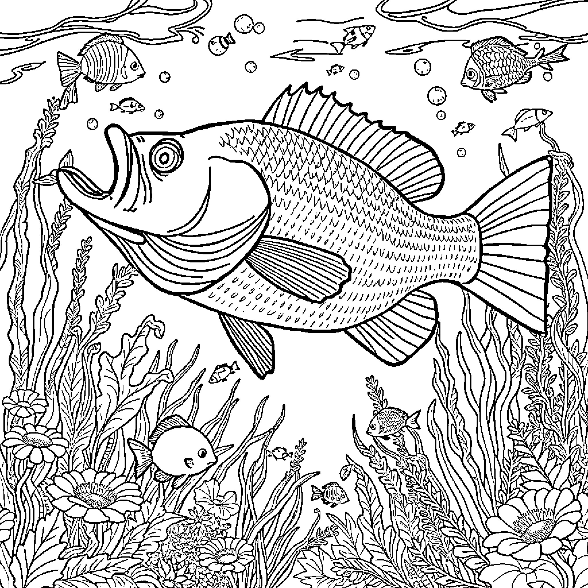 Bass swimming amidst vibrant underwater scene Coloring Page (free black-and-white line drawing printable PDF for all, from beginners to advanced learners, including children, teens, adults, and seniors)