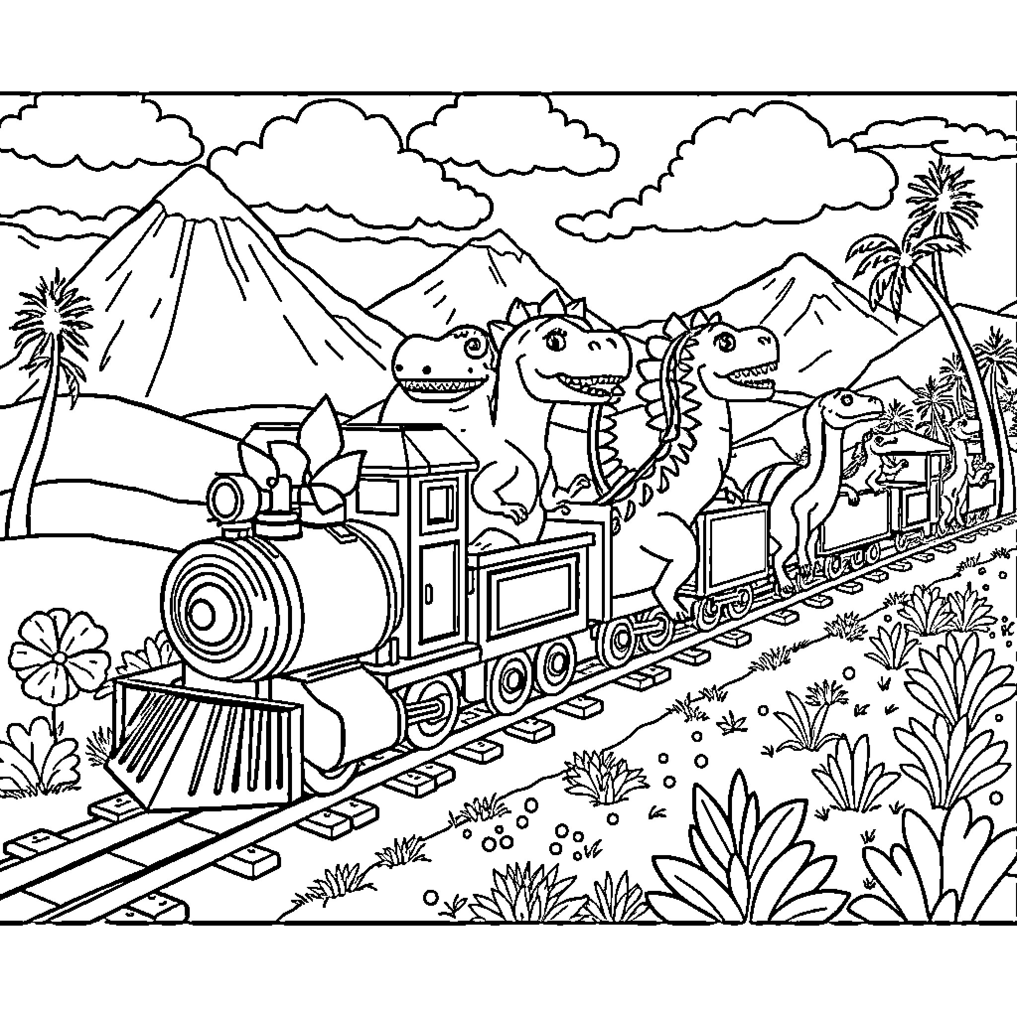 Dinosaurs riding a train through scenic mountains Coloring Page (free black-and-white line drawing printable PDF for all, from beginners to advanced learners, including children, teens, adults, and seniors)
