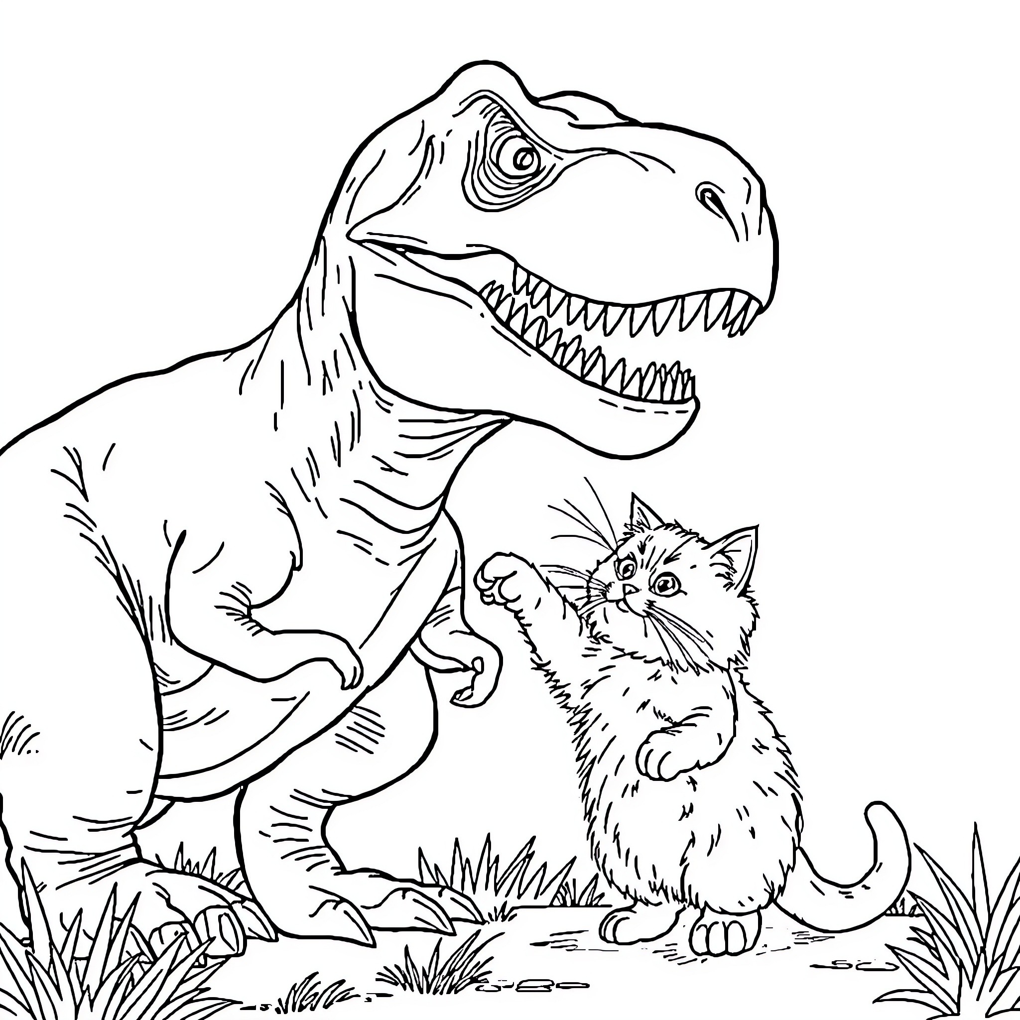 T-Rex and Kitten Encounter in the Wild Coloring Page (free black-and-white line drawing printable PDF for all, from beginners to advanced learners, including children, teens, adults, and seniors)