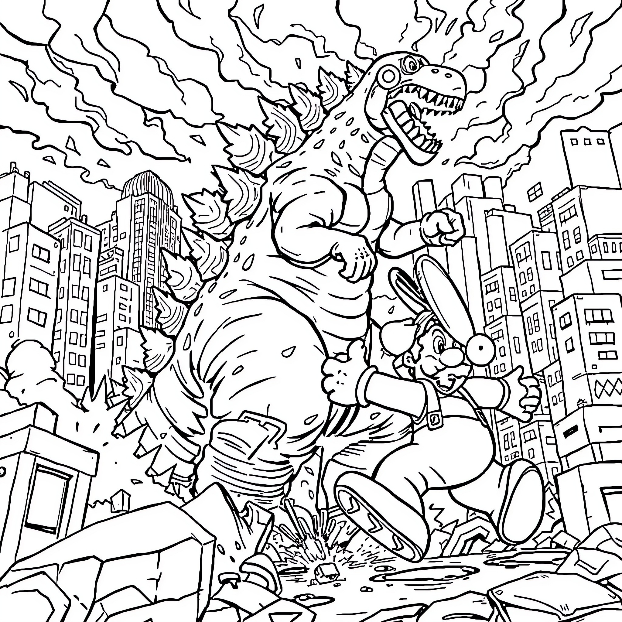 Godzilla's Rampage Through the City Coloring Page (free black-and-white line drawing printable PDF for all, from beginners to advanced learners, including children, teens, adults, and seniors)