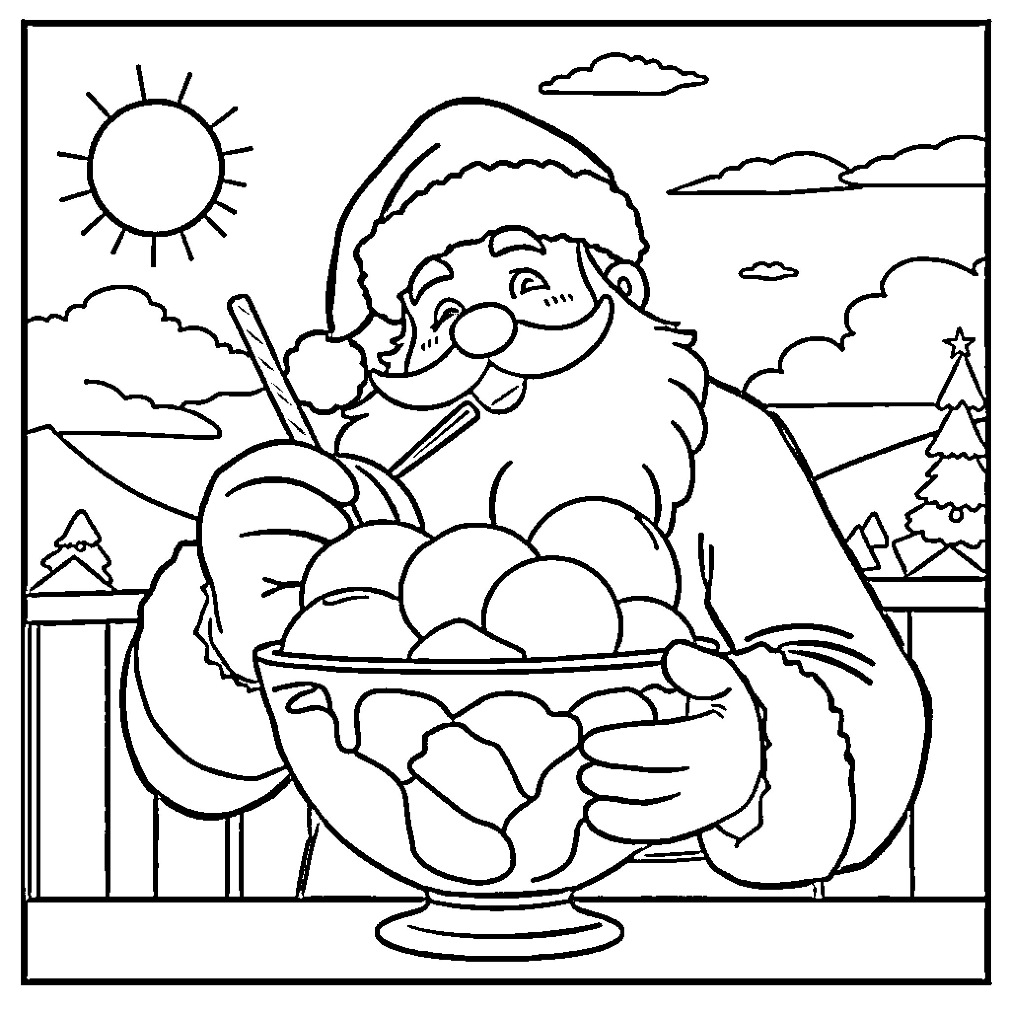 Santa Delivering Toys on a Snowy Day Coloring Page (free black-and-white line drawing printable PDF for all, from beginners to advanced learners, including children, teens, adults, and seniors)