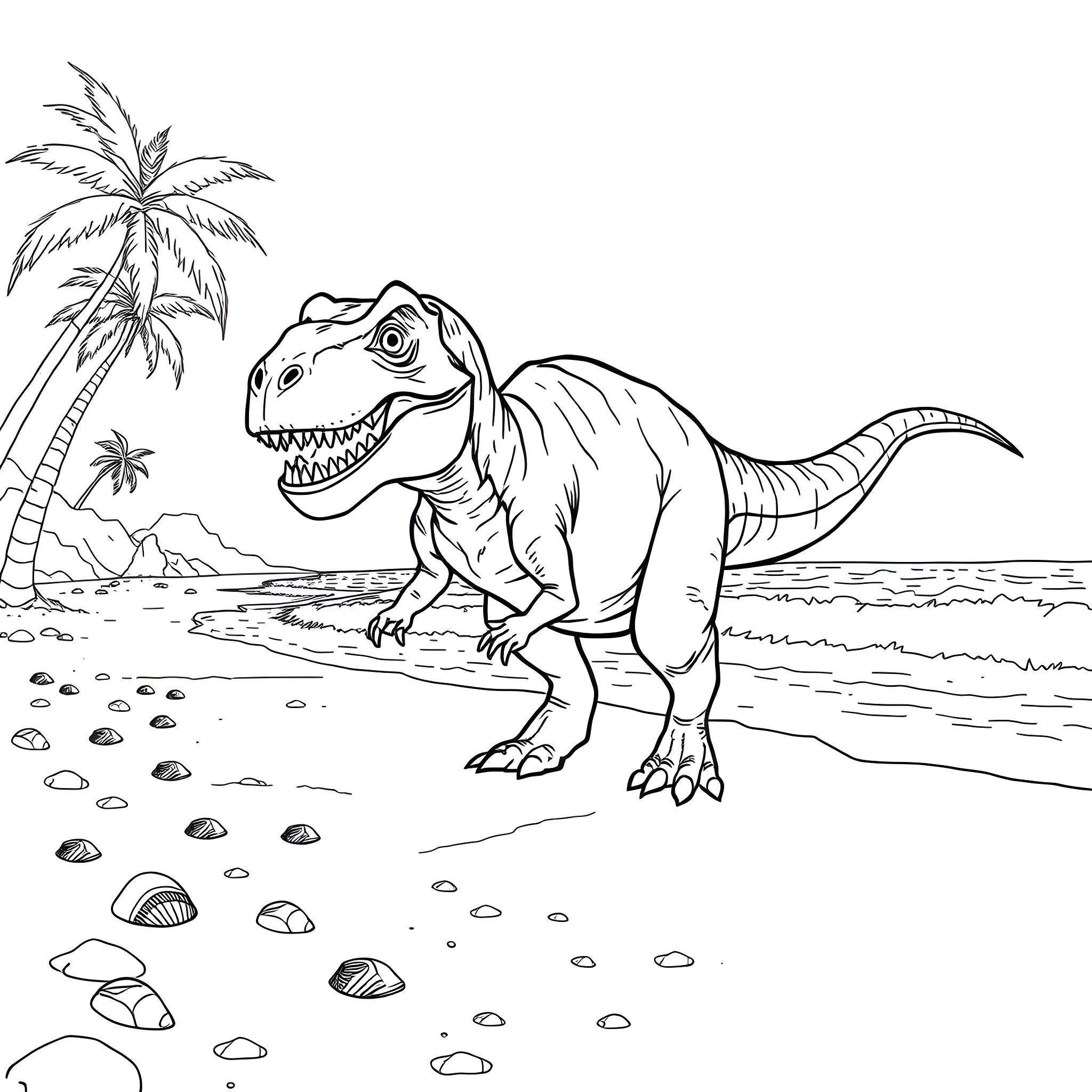 T-Rex roaring on the beach Coloring Page (free black-and-white line drawing printable PDF for all, from beginners to advanced learners, including children, teens, adults, and seniors)