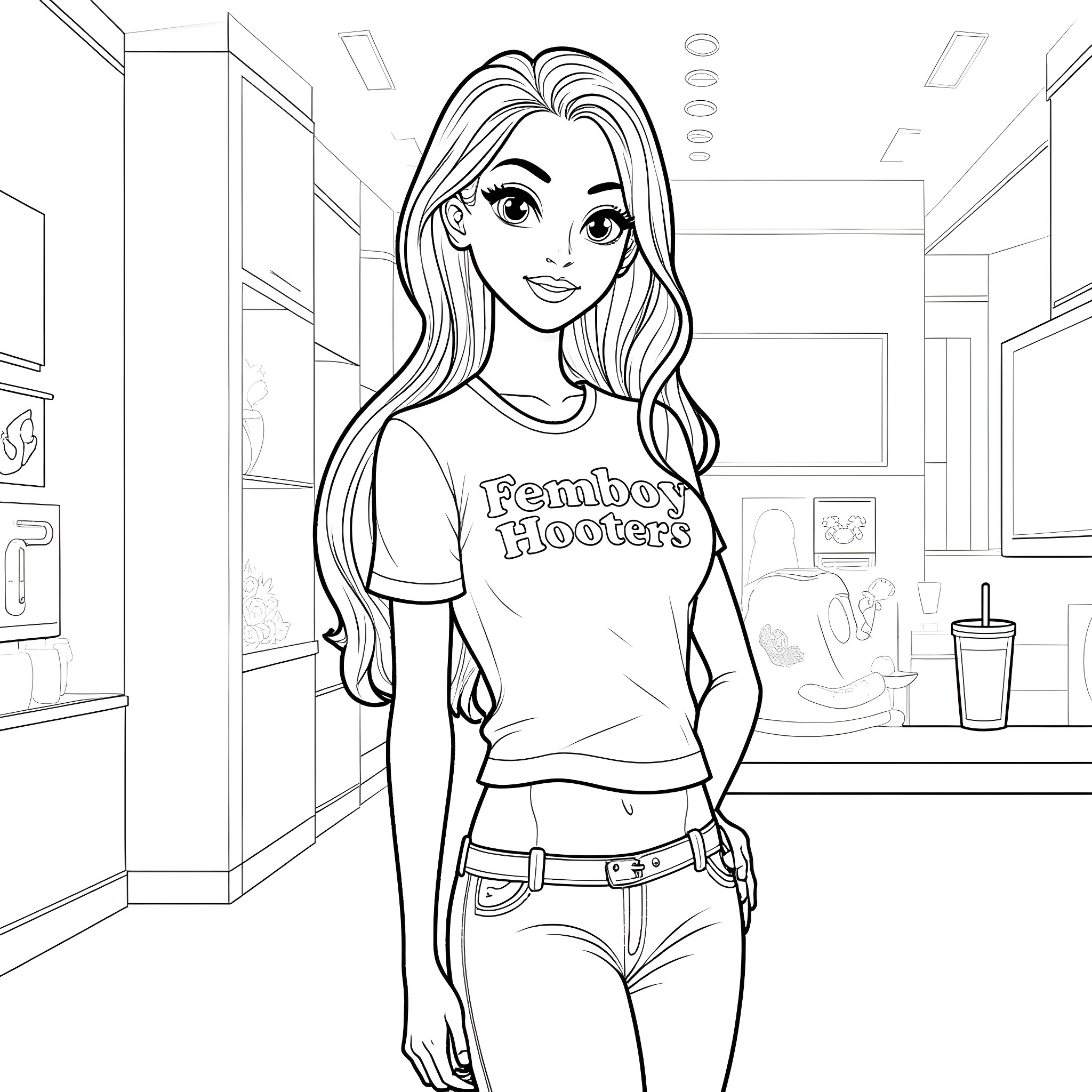 Femboy in a casual setting with a confident expression Coloring Page (free black-and-white line drawing printable PDF for all, from beginners to advanced learners, including children, teens, adults, and seniors)