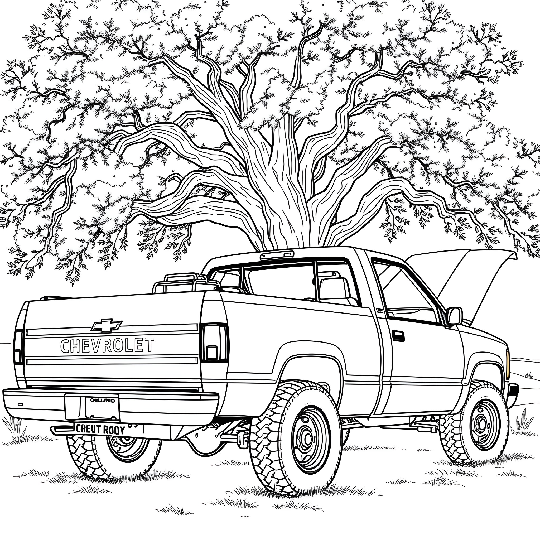 Chevy Truck Parked Under Majestic Tree Coloring Page (free black-and-white line drawing printable PDF for all, from beginners to advanced learners, including children, teens, adults, and seniors)