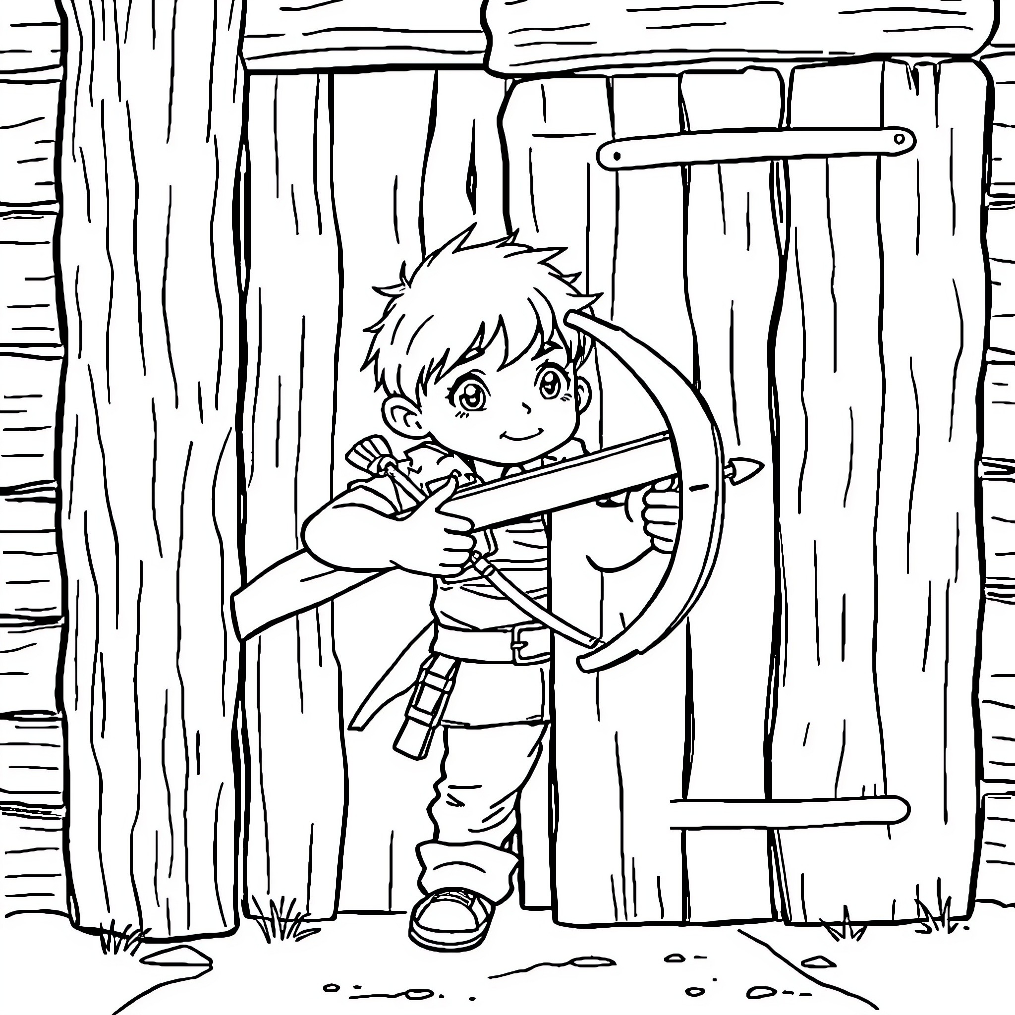 Child aiming bow and arrow in the forest Coloring Page (free black-and-white line drawing printable PDF for all, from beginners to advanced learners, including children, teens, adults, and seniors)