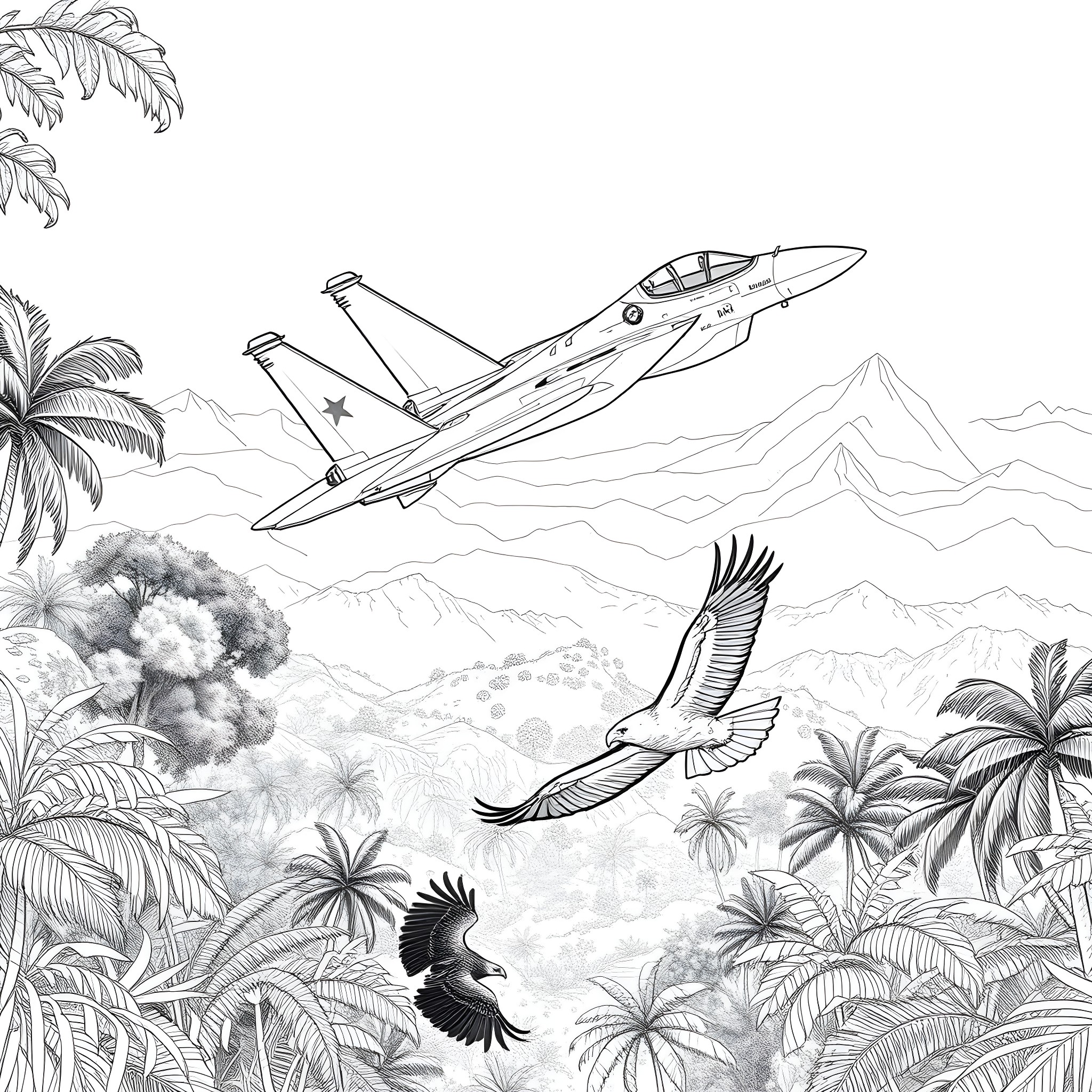 Eagle soaring over military jet in tropical landscape Coloring Page (free black-and-white line drawing printable PDF for all, from beginners to advanced learners, including children, teens, adults, and seniors)