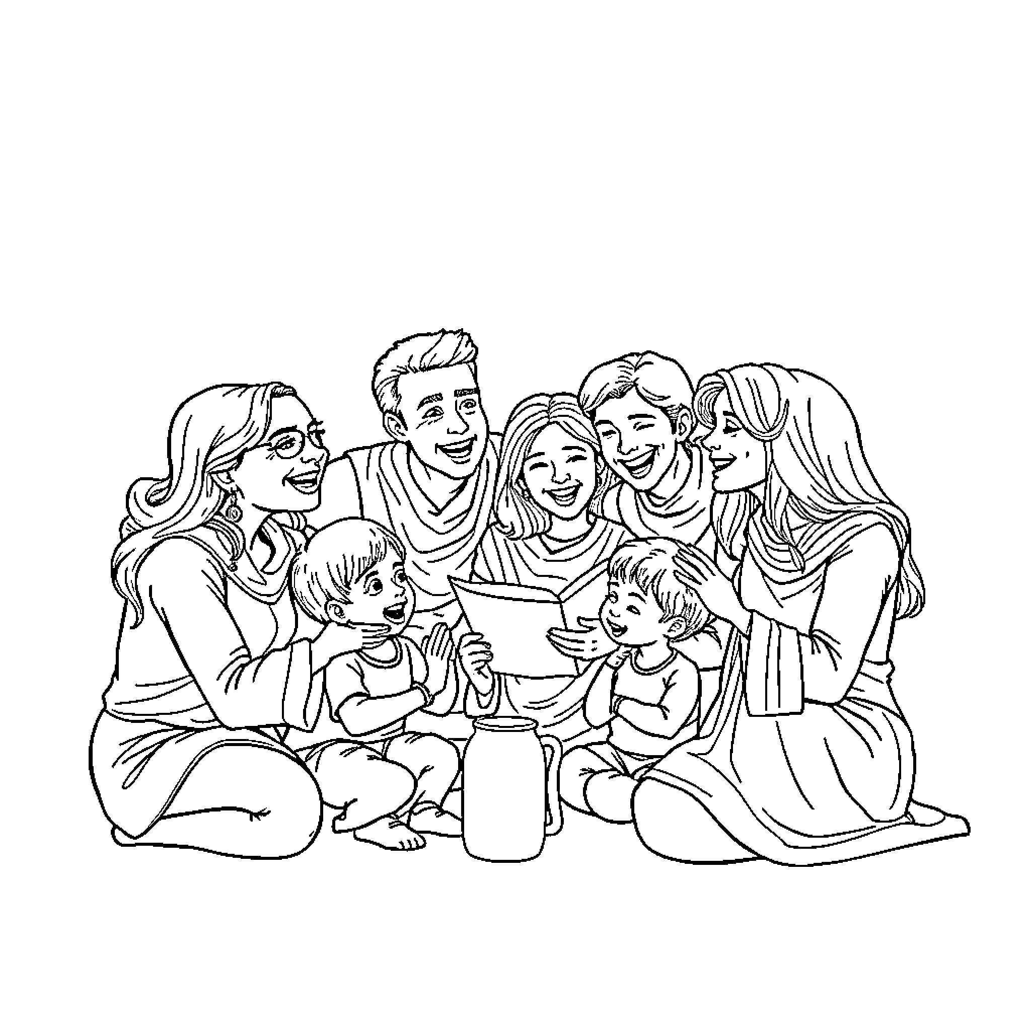 Family enjoying quality time together Coloring Page (free black-and-white line drawing printable PDF for all, from beginners to advanced learners, including children, teens, adults, and seniors)
