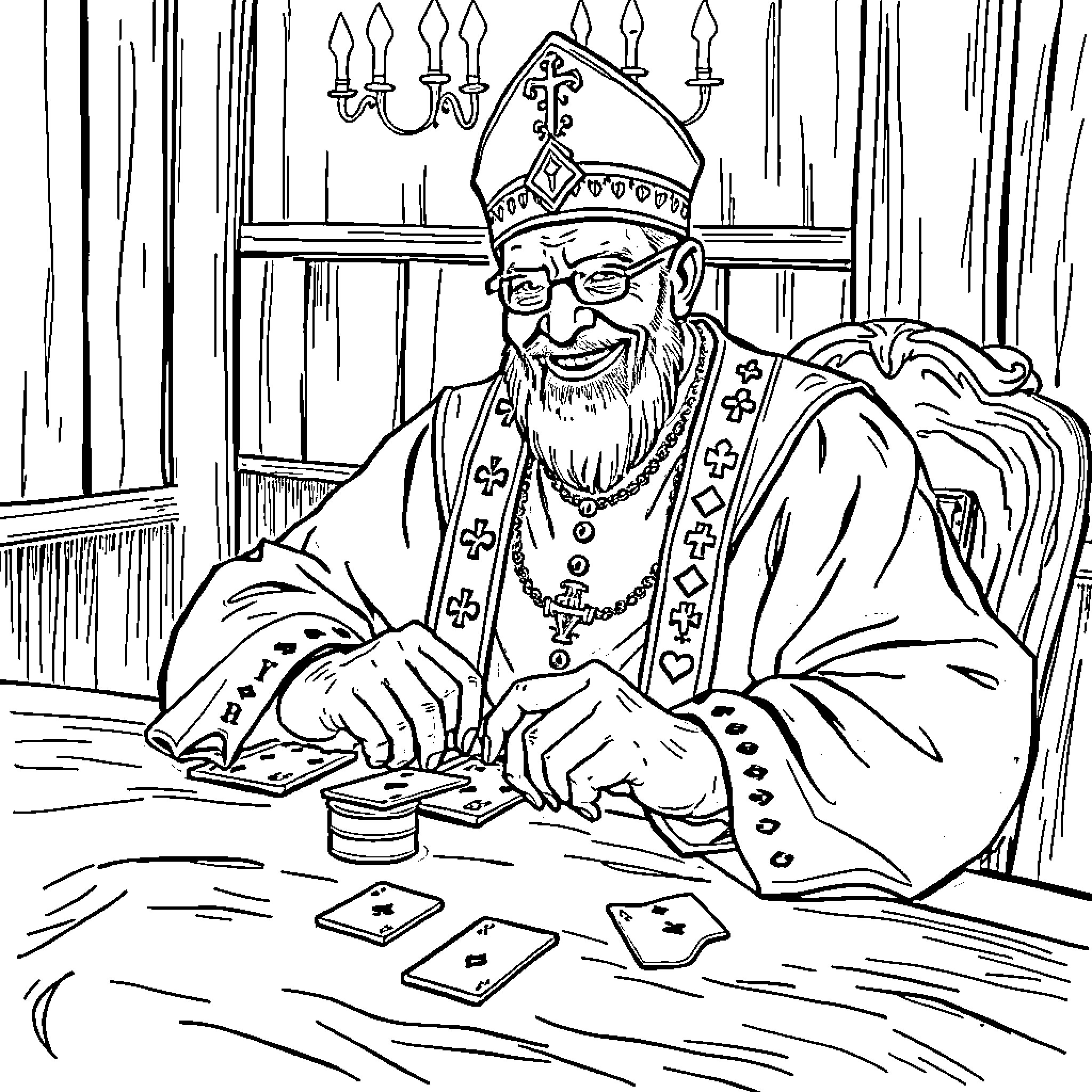 Papa Emeritus I playing cards in an ornate setting Coloring Page (free black-and-white line drawing printable PDF for all, from beginners to advanced learners, including children, teens, adults, and seniors)