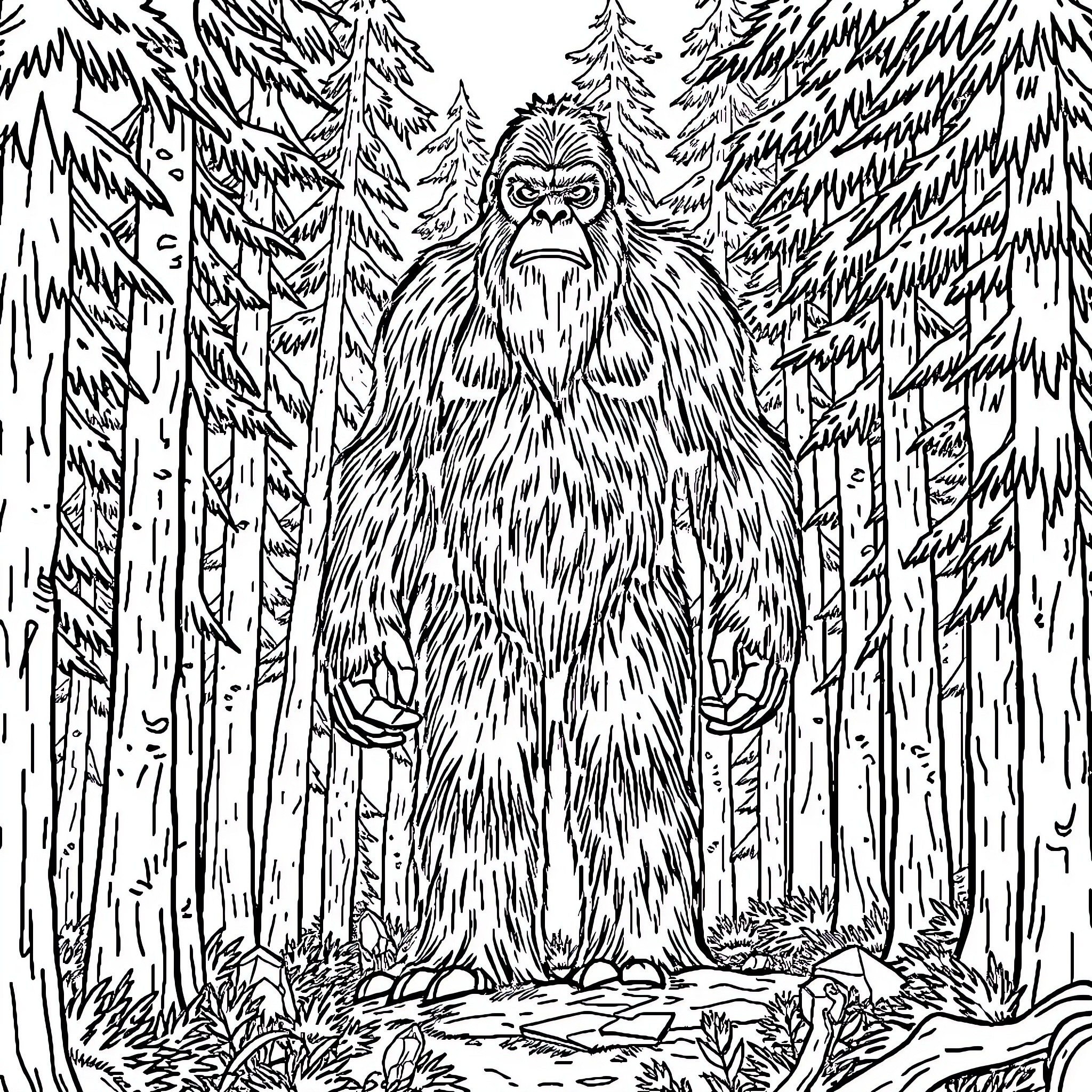Bigfoot standing tall in the dense forest Coloring Page (free black-and-white line drawing printable PDF for all, from beginners to advanced learners, including children, teens, adults, and seniors)
