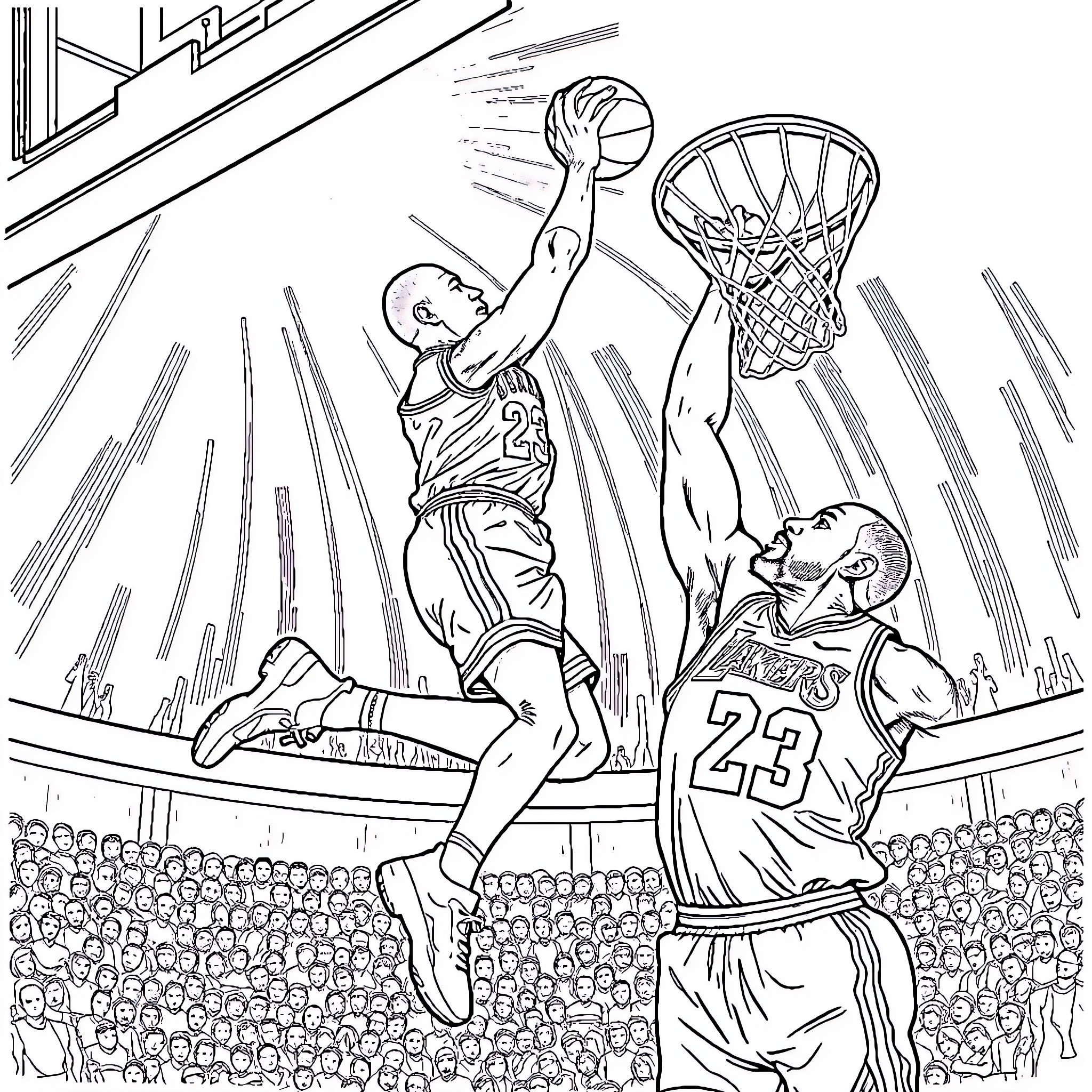 Michael Jordan's Iconic Slam Dunk Coloring Page (free black-and-white line drawing printable PDF for all, from beginners to advanced learners, including children, teens, adults, and seniors)