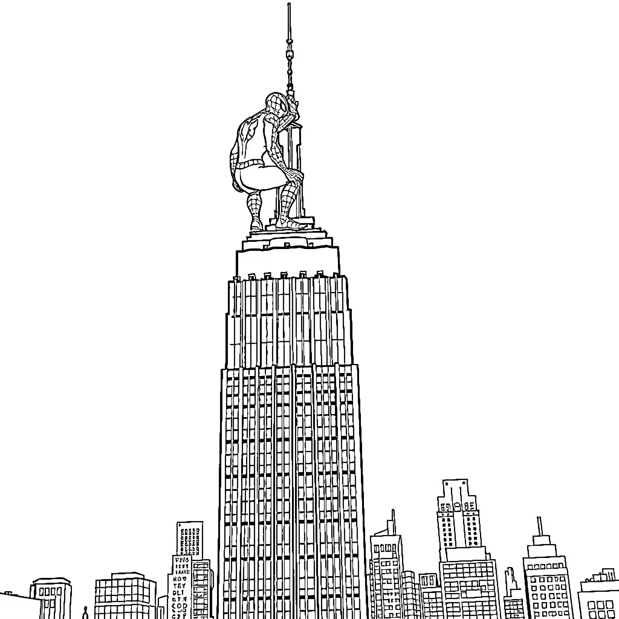 Spiderman atop the Empire State Building overlooking the city Coloring Page (free black-and-white line drawing printable PDF for all, from beginners to advanced learners, including children, teens, adults, and seniors)
