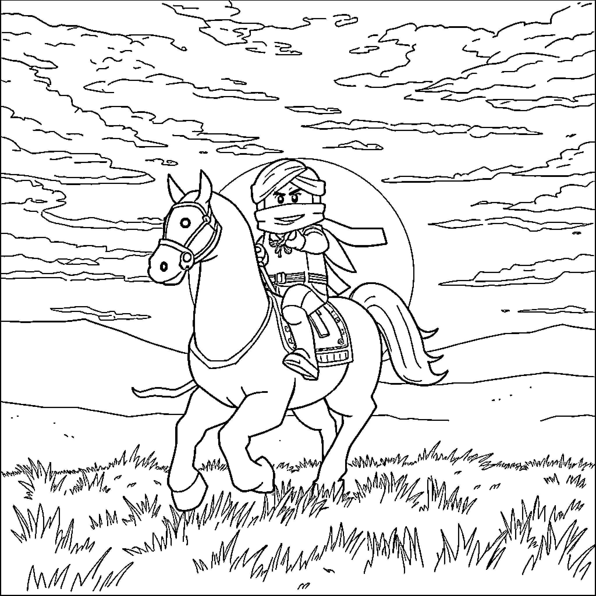 Kai's Adventurous Journey on Horseback Coloring Page (free black-and-white line drawing printable PDF for all, from beginners to advanced learners, including children, teens, adults, and seniors)
