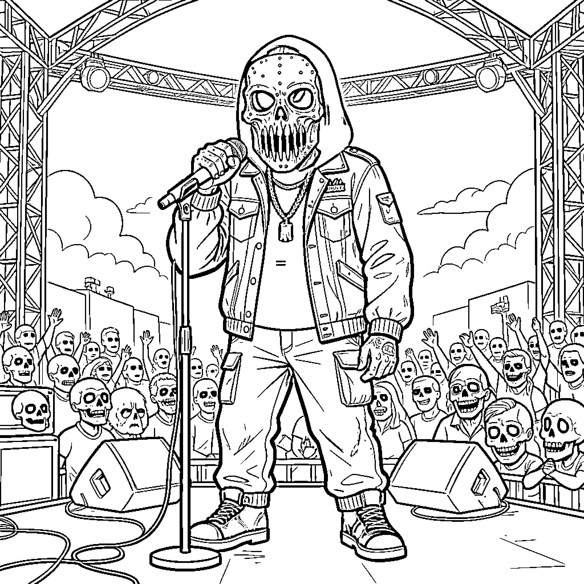 MF DOOM performing for a crowd of skull-faced figures Coloring Page (free black-and-white line drawing printable PDF for all, from beginners to advanced learners, including children, teens, adults, and seniors)